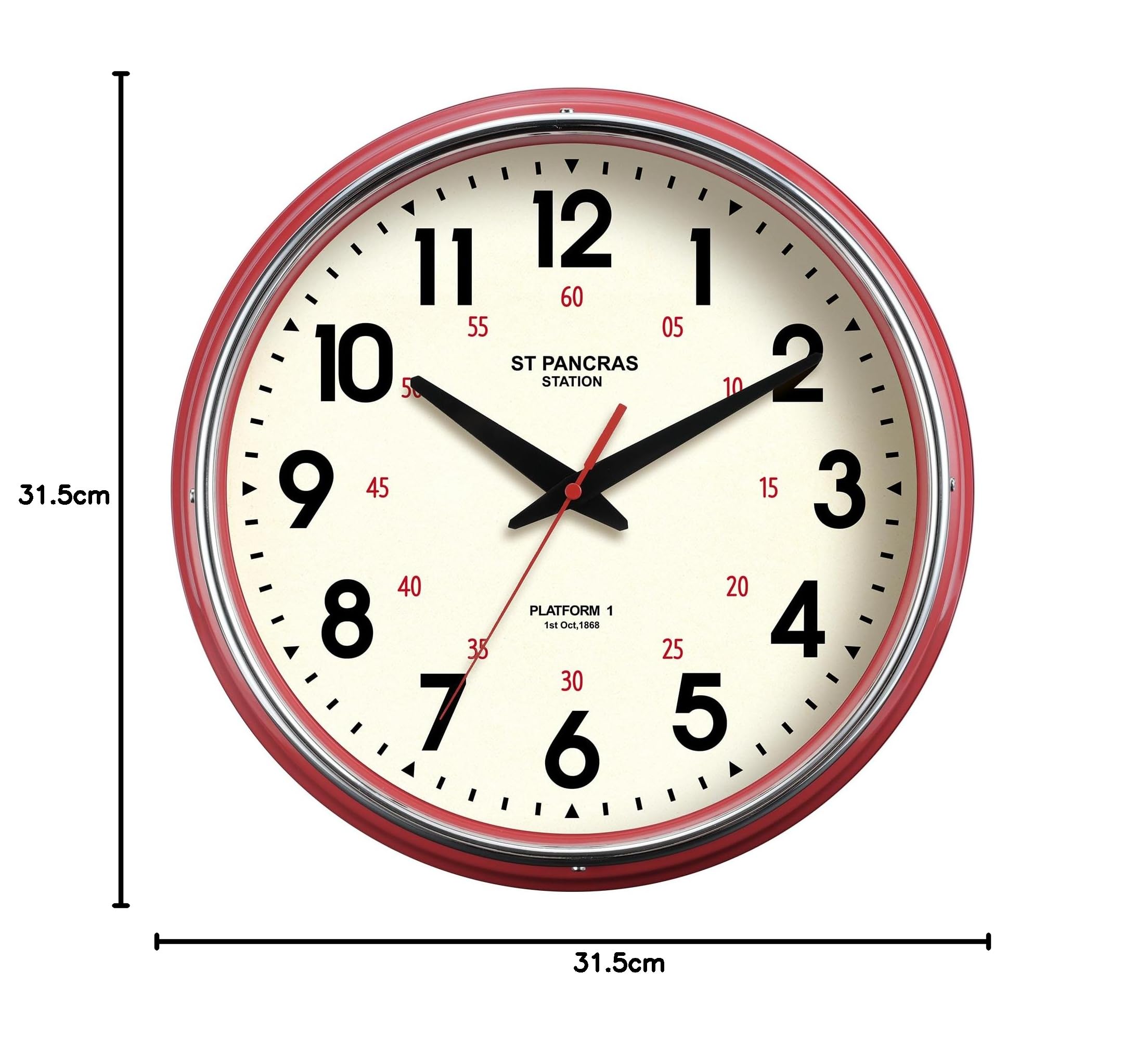 Reloj de pared de metal de 31,5 cm, estilo rústico, retro, clásico, silencioso, sin tictac, fácil de leer, para sala de estar, cocina, dormitorio, oficina, bar (31,5 cm, rojo)