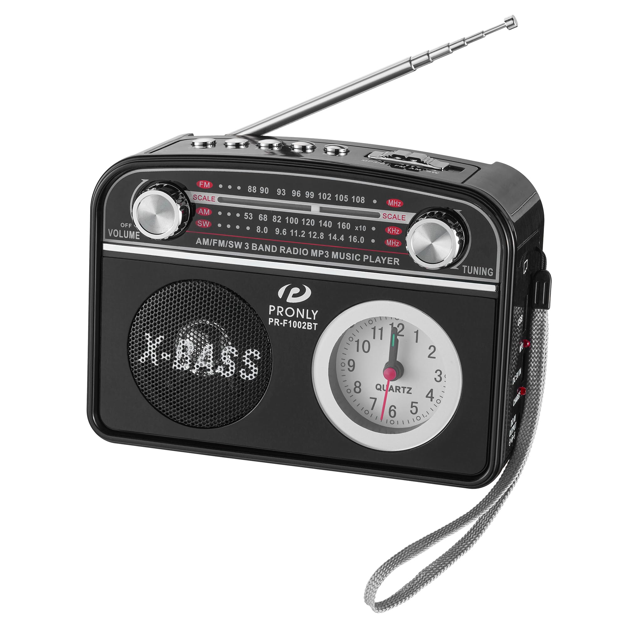 Radio Portable AM/FM avec Bluetooth, Vintage Radio Portables Rechargeable D’Urgence avec Horloge et Lampe Torche, Lecture USB/TF, pour Le Camping et Les Situations de Secours, Noire (PR-1002)