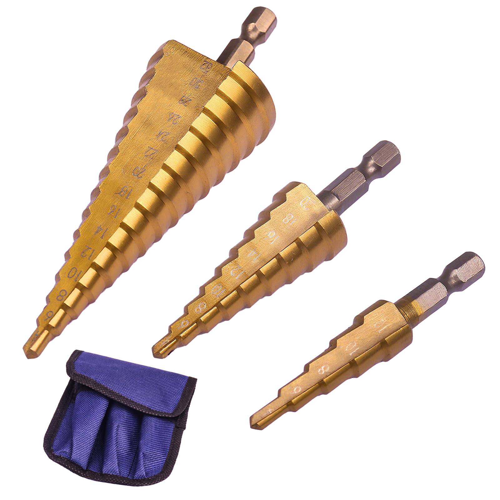 3PCS HSS Step Drill Bits Set, Hex Shank High Speed Spiral Cone Cutters for Metal, 4-12mm, 4-20mm, 4-32mm Cone Drill Bit Step Bits for Sheet Metal, Stainless Steel, Aluminum, Wood, Plastic