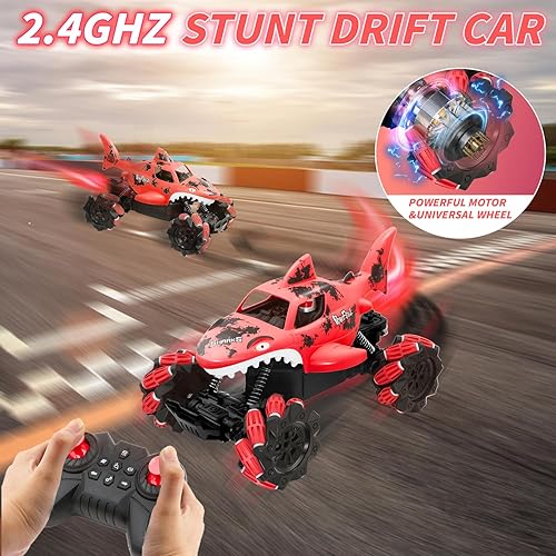 Miniatura 6 de Autos RC para niños, coche de control remoto de tiburón para niños 4-7, 8-12, 2.4 GHz, doble cara, 360 vueltas giratorias, camión RC anfibio con