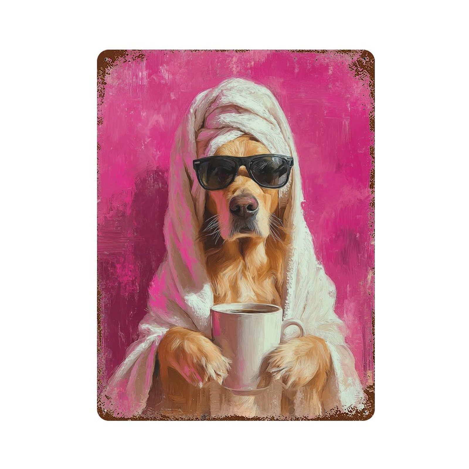 Chill Golden Retriever with Coffee Mug Rust Effect Tin Sign 15.7"x11.8", Novelty Wall Decor for Patio, Garden Room And Bar Decor