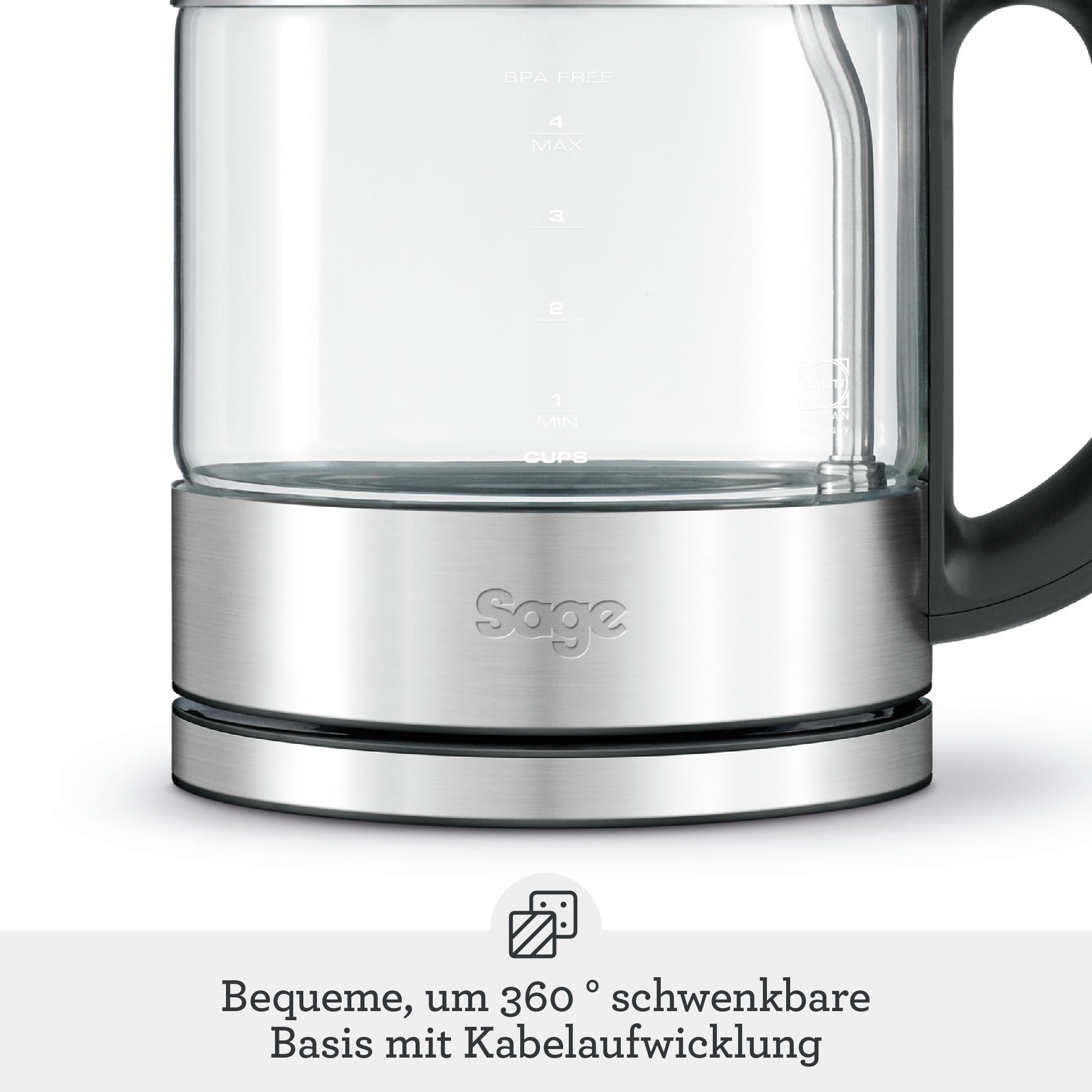 Sage - The Compact Kettle Pure - Kompakter Wasserkocher - Glasgehäuse, 1 Liter Fassungsvermögen, Kabellos, Ergonomisch - Klar