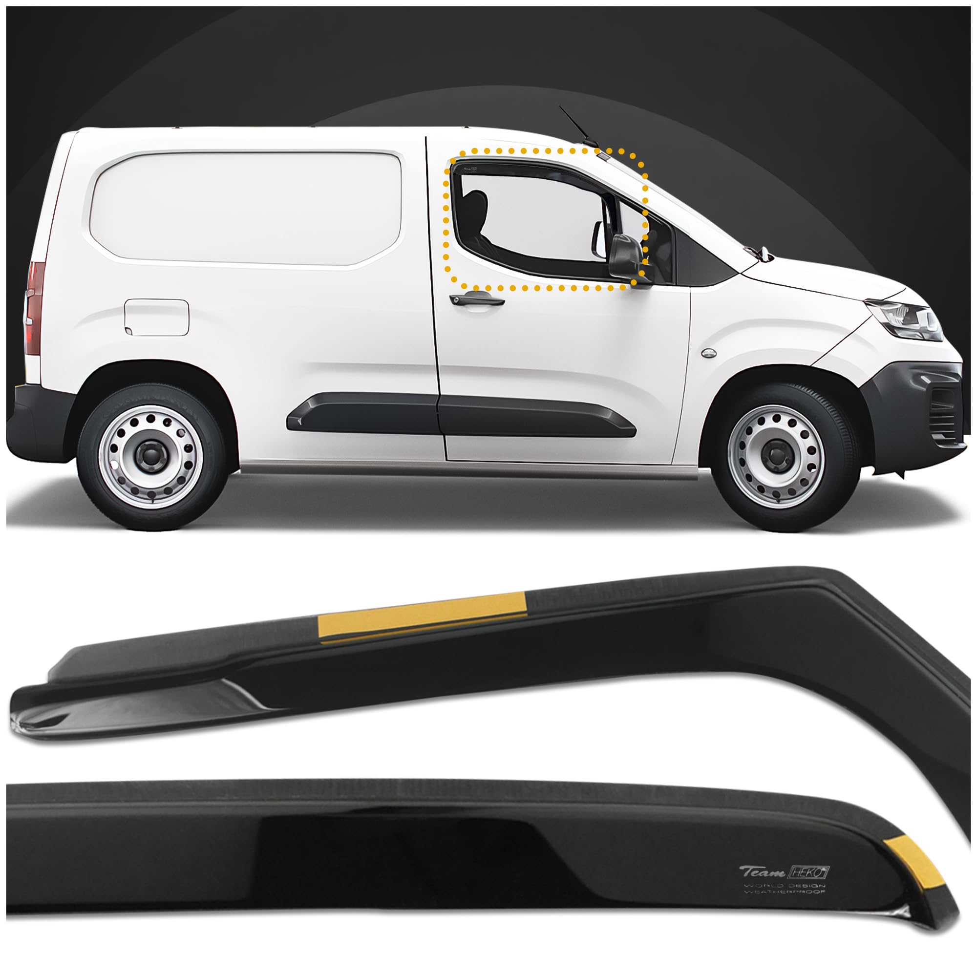 HEKO - Compatibles avec Peugeot Partner 2018+ Déflecteurs de Vitres Latérales ; Déflecteurs Latéraux ; Avant ; Deux Pièces ; Déflecteurs de Pluie, Teintés, Aérodynamiques ; Montage simple et rapide