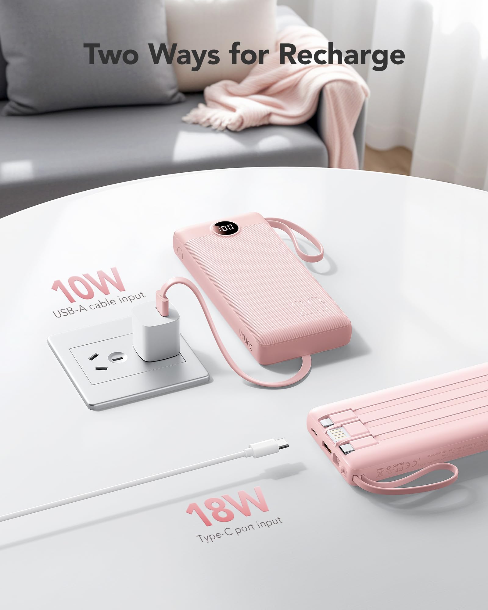 VRURC Power bank, Caricabatterie portatil da 20000mAh a ricarica rapida, tre cavi Micro e USB C integrati, 4 uscite e 2 ingressi Display LED Banco di ricarica per iPhone, Android ecc-Rosa