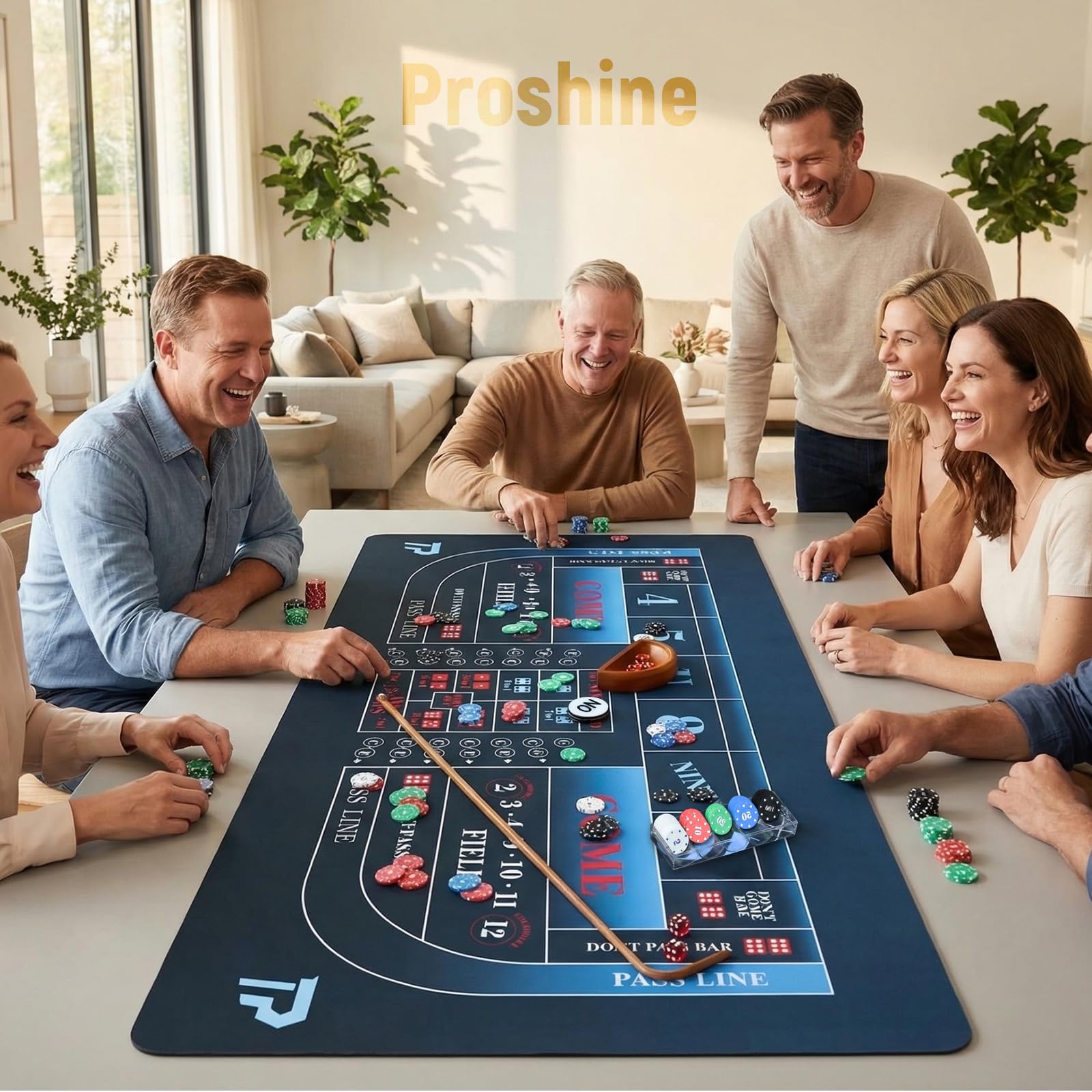 Craps Tischspiel-Set mit 88,9 x 177,8 cm großen Gummi-Matte, 91,4 cm Rattan-Stab, 19 mm Würfel, Ein-/Aus-Taste und 100 Chips, Craps-Spiel-Layout für Party