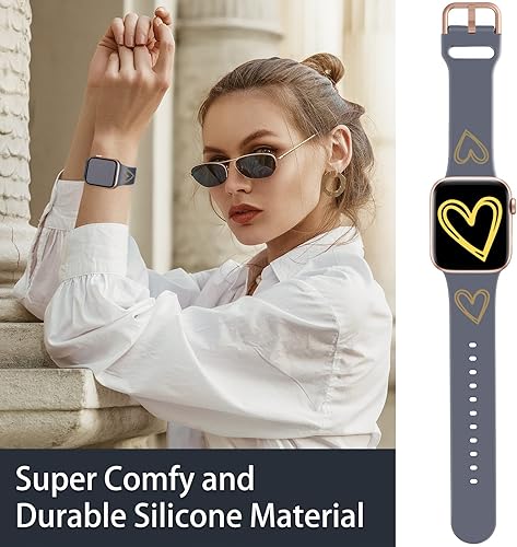 Miniatura 2 de WKC Correas compatibles con Apple Watch de 1.614 in, 1.575 in, 1.496 in, 1.654 in, 1.732 in, 1.772 in, silicona suave, patrón de corazón, impreso,