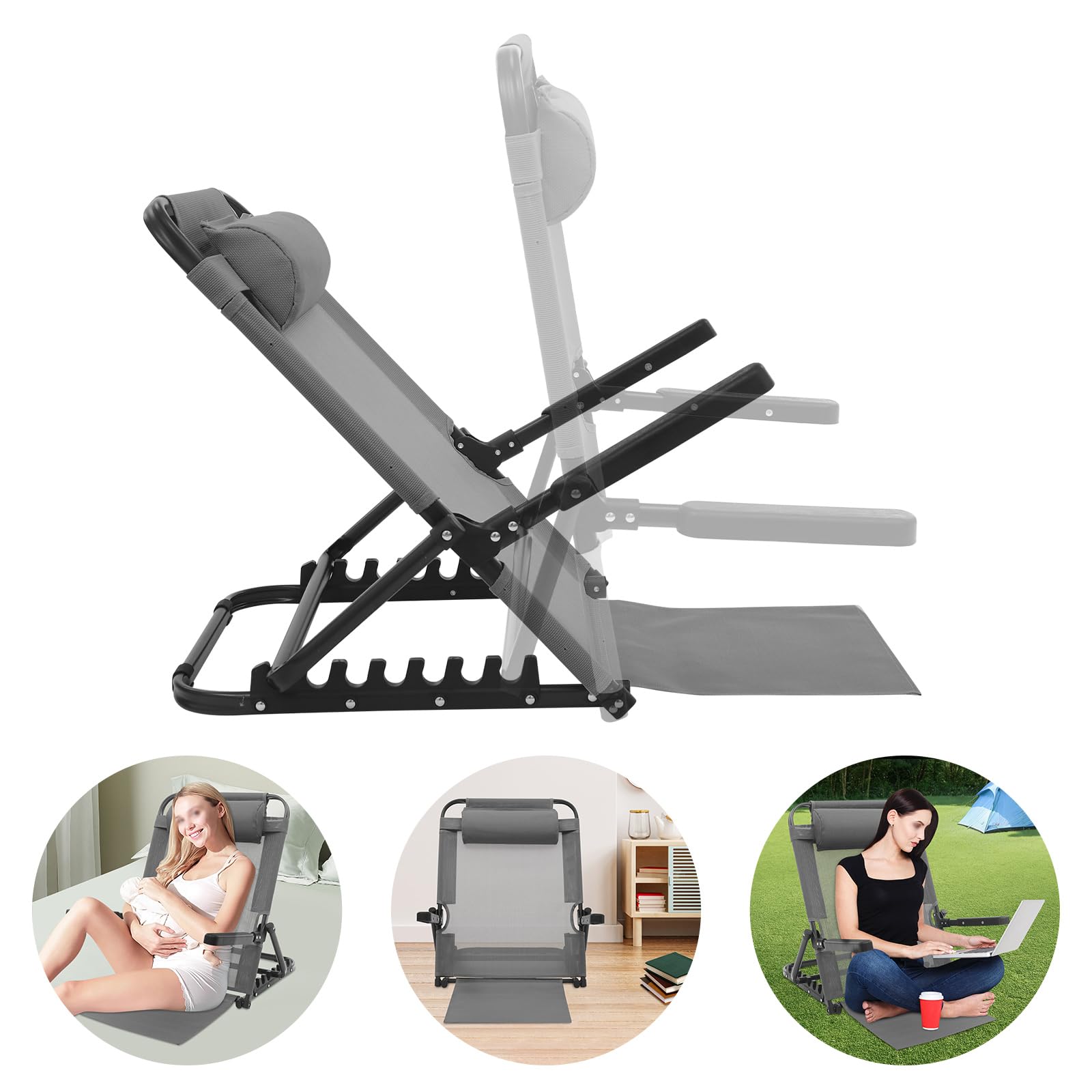 Tapischion Adjustable Lifting Bed Backrest, Foldable Sit Up Back Rest Multifunctional Chair with Arms Headrest, Support 330.69lbs (Gray)