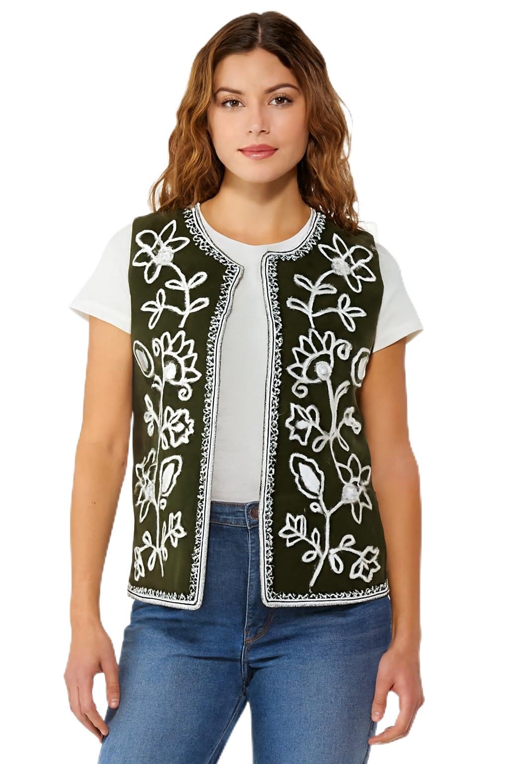 nobarr Women's Polyester Dark Green Embroidered Sleeveless Open Front Shrug/Ethnic Jacket-picture-19