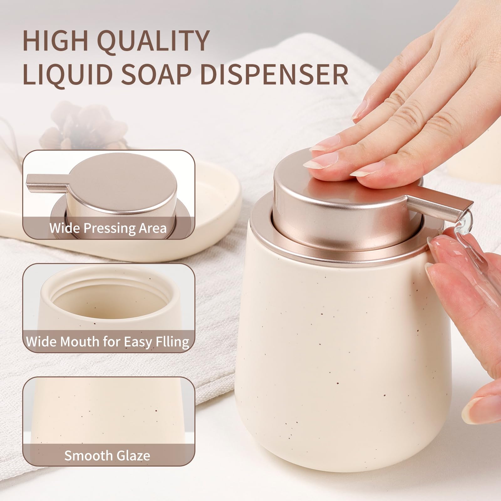 BosilunLife Set di accessori per il bagno, set di 3 dispenser di sapone da bagno in ceramica, set di accessori decorativi, dispenser di sapone e portaspazzolino (liquido beige tascabile)