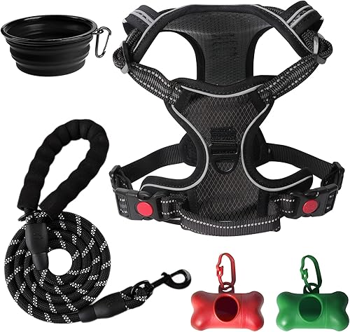 SYEENIFY Arnés para perro sin tirones, chaleco acolchado suave ajustable para perro, arnés para perro mediano y grande con correa para perro de 5