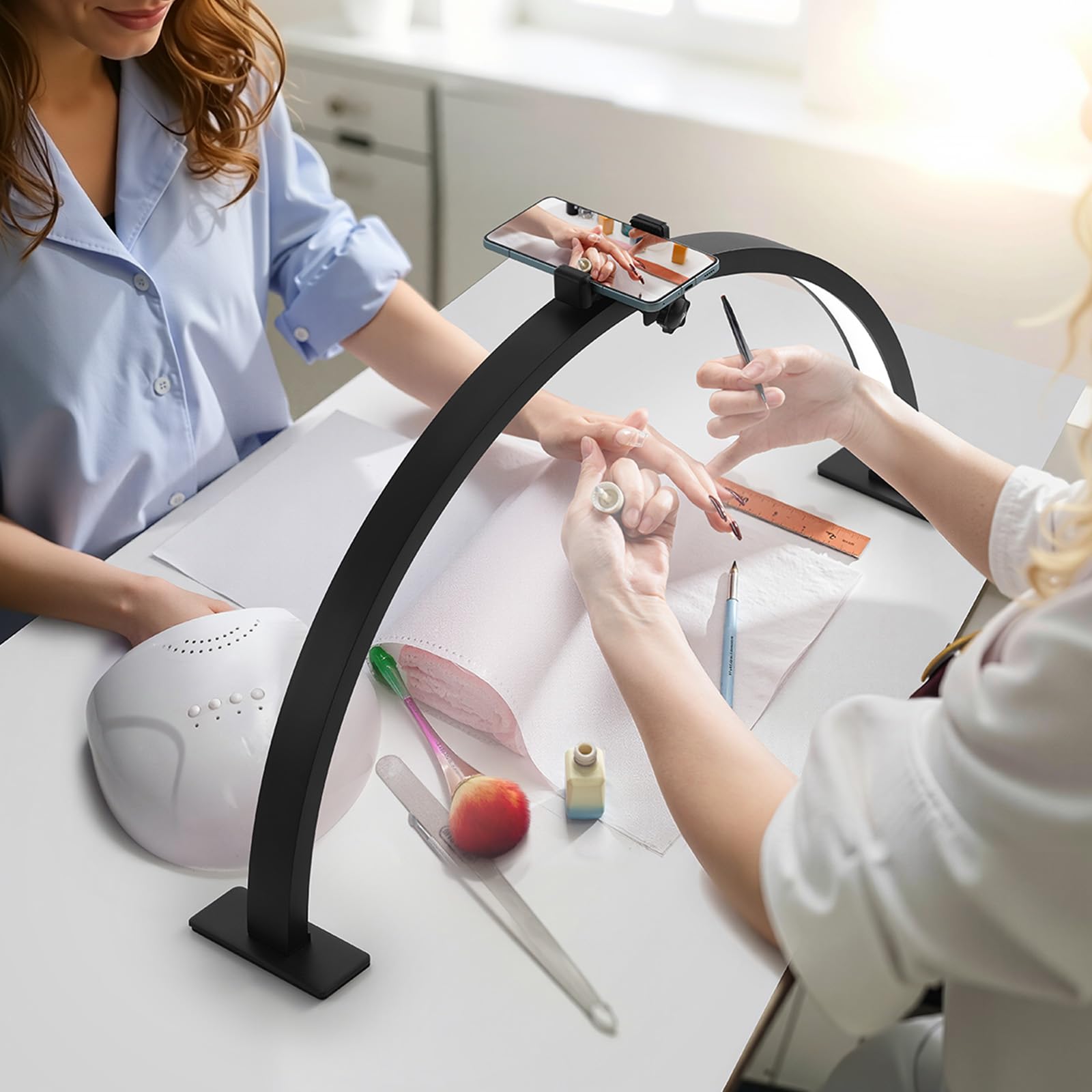 VEVOR Biurkowe światło półksiężyca do paznokci z uchwytem na telefon (30 W, 76 cm długości), lampa do paznokci z regulacją jasności, lampa stołowa LED dla techników paznokci, przedłużenie rzęs