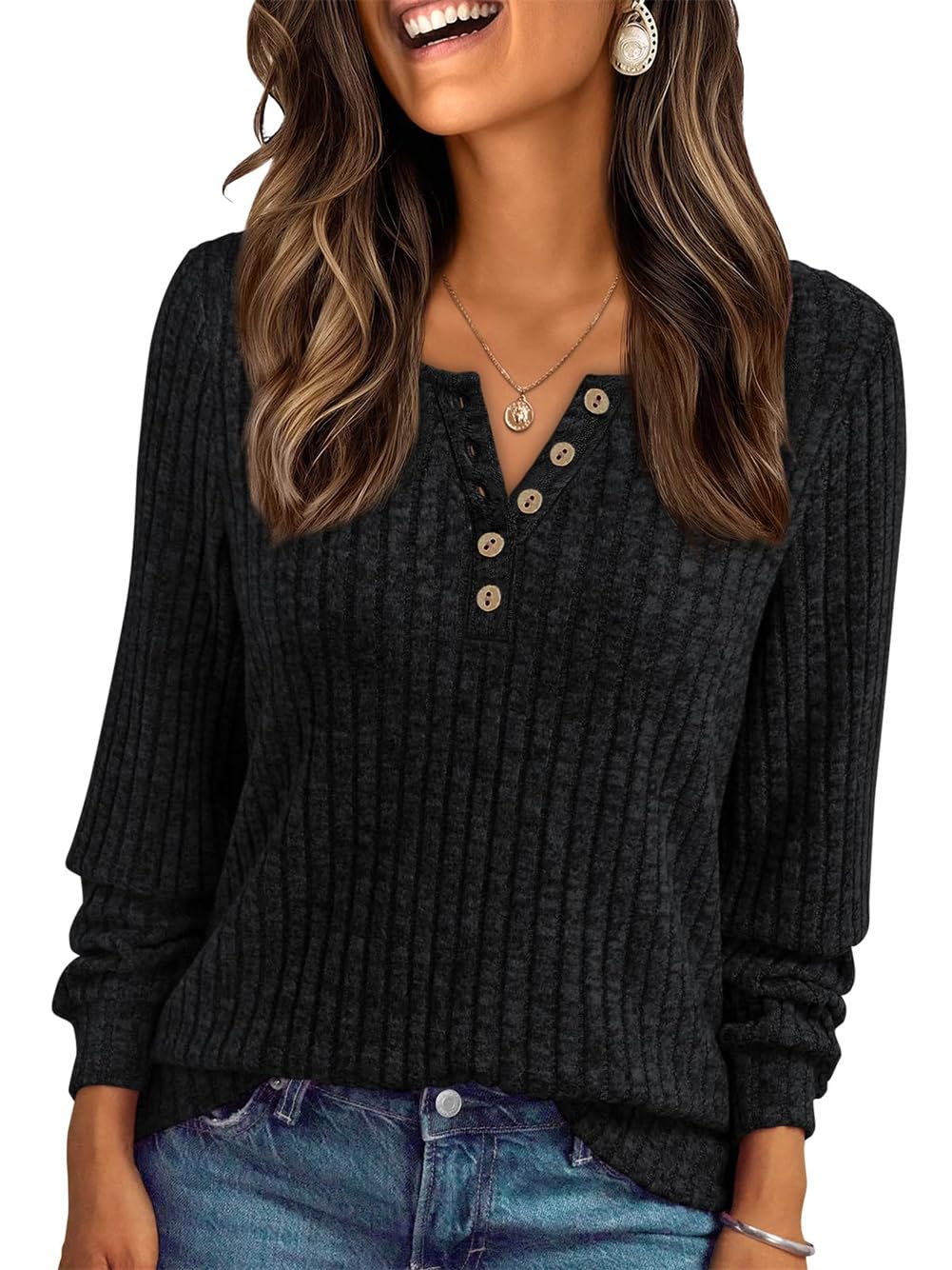 AirMood Damen-T-Shirt, elegant, lässig, langärmelig, gerippt, Tunika, Tops, lockere Passform, Sweatshirts