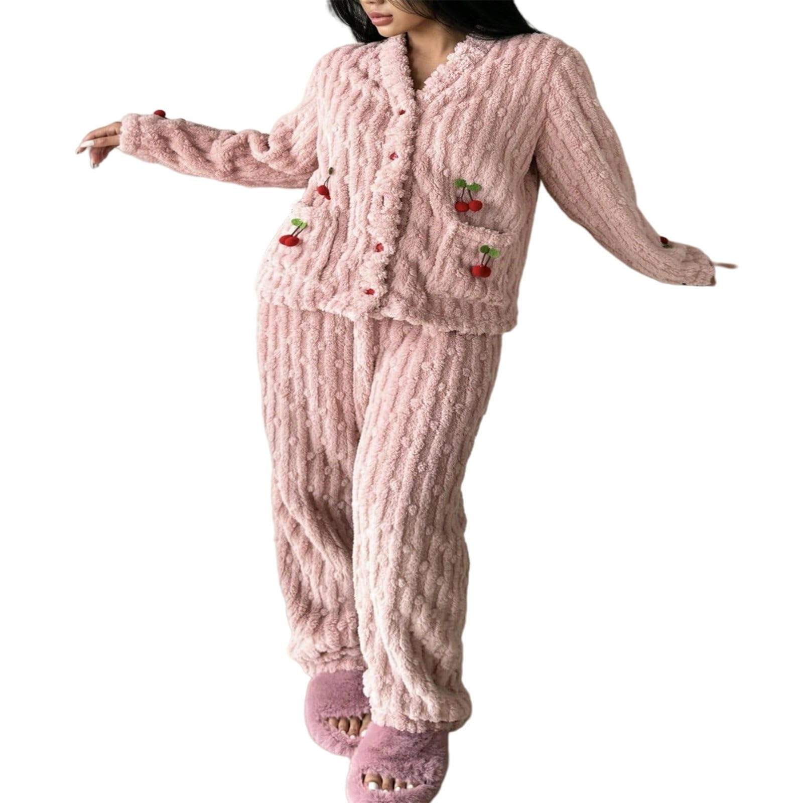 Pyjama Mit Fleece Gefüttertes, Warmes Damen-Pyjama-Set, Süßer Und Für Herbst Winter -rosa-s