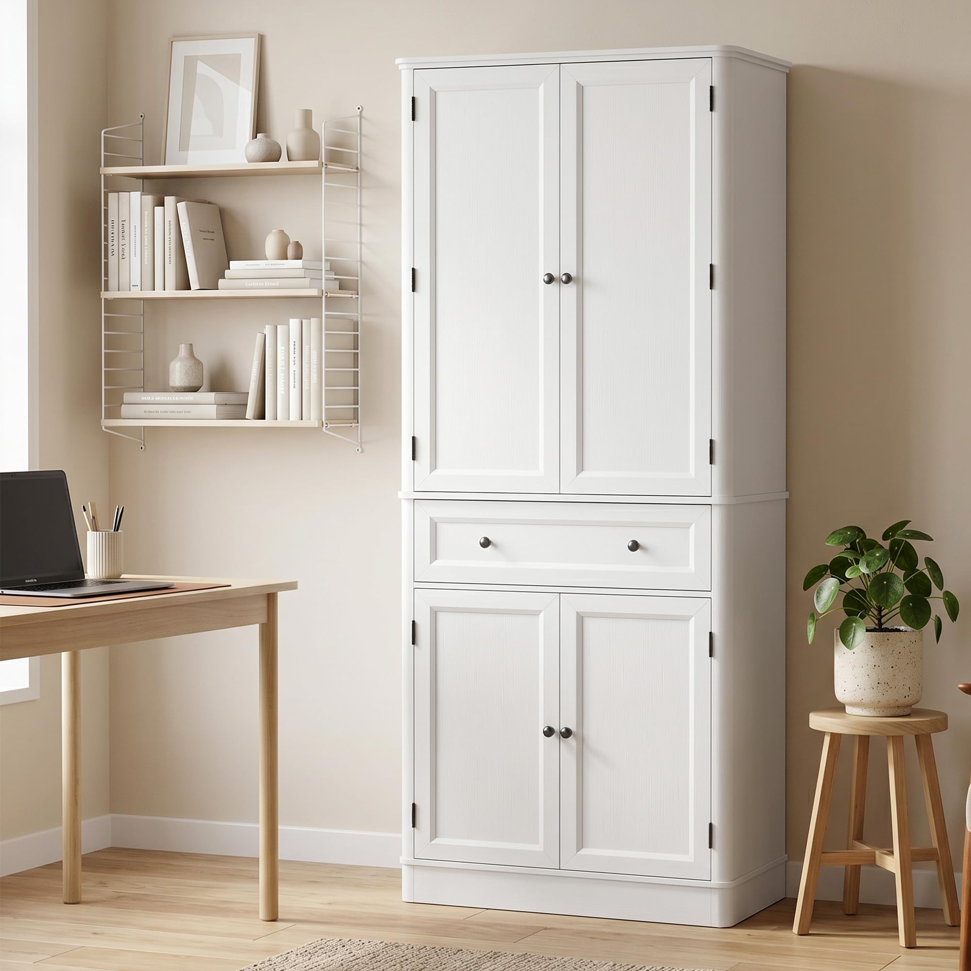 HOMCOM Küchenschrank 186,4 cm Hochschrank Buffetschrank mit 4 Türen, Schublade und verstellbaren Einlegeböden Vorratsschrank für Küche, Esszimmer, Wohnzimmer Weiß, 80 x 39,5 x 186,4 cm