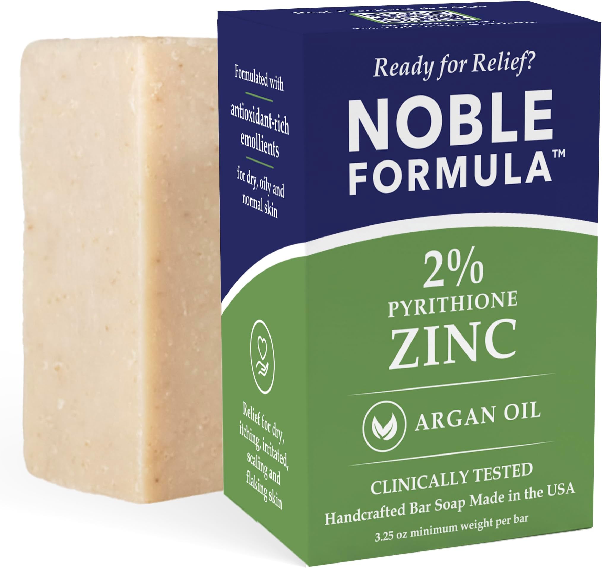 Zinc Bar Soap, Vegan Argan Oil 2% Pyrithione Zinc (ZnP) for All Skin Types Including Those With Acne, Psoriasis and Eczema, 3.25 oz