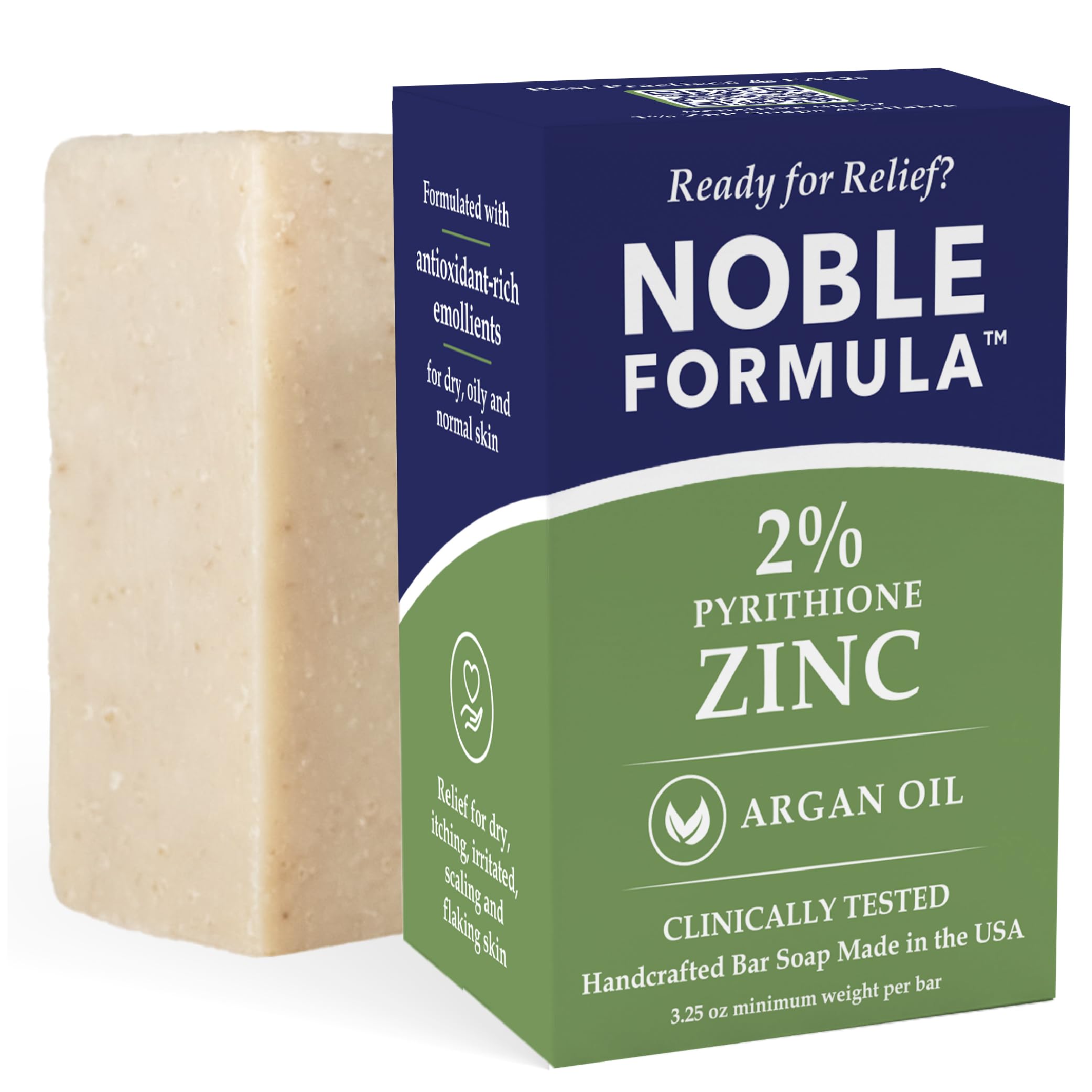 Noble Formula Zinc Bar Soap, Olive Oil and Argan Oil 2% Pyrithione Zinc (ZnP) for All Skin Types Including Those With Acne, Psoriasis and Eczema, 3.25 oz