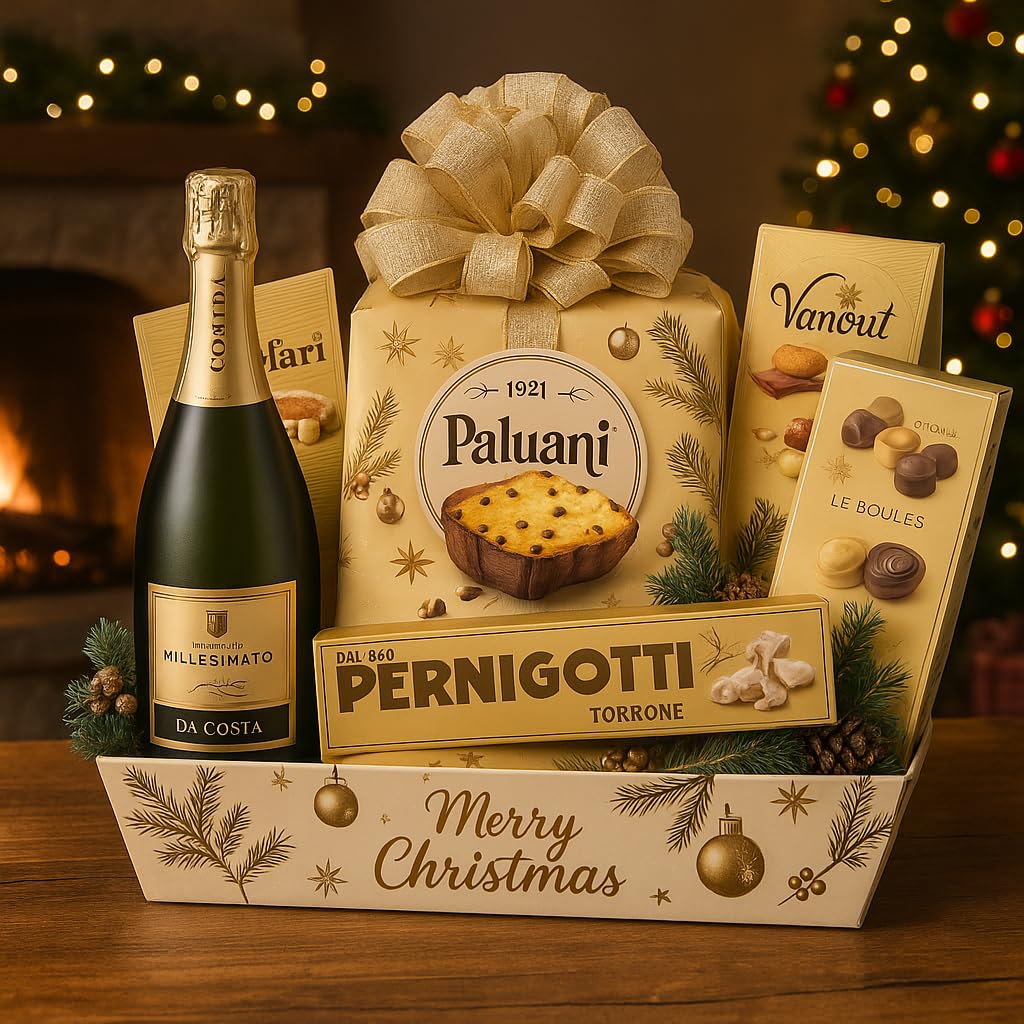 Cesto Natalizio Vassoio Merry Christmas con Dolci Tipici, Cioccolato, Torrone e Spumante Dolce, Confezione Regalo Elegante e Raffinata per Natale, Idea Regalo Gourmet per Famiglie o Aziende