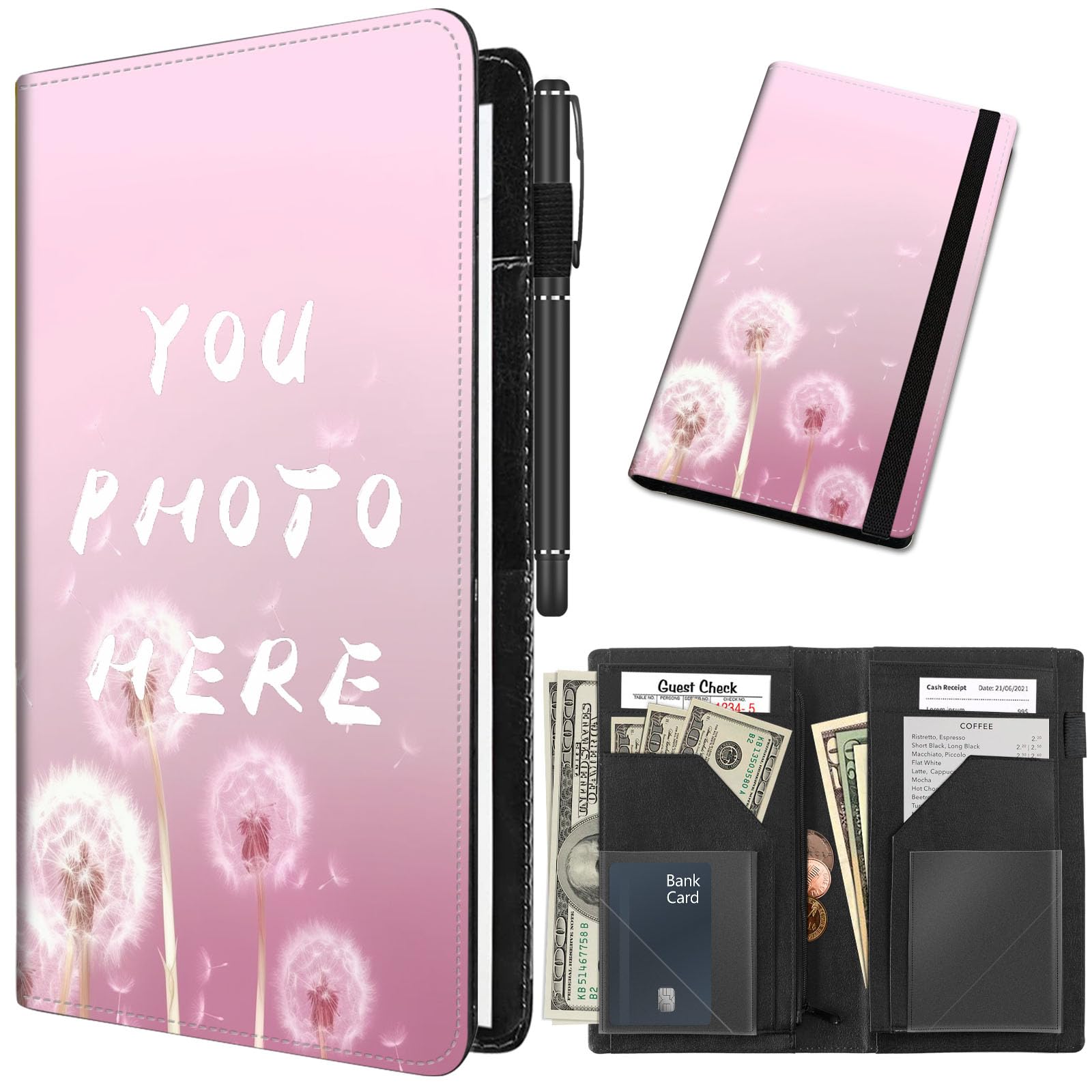 Design Your Own Custom Server Books for Waitress 9 x 5 inch,Personalized Waiter Book Server Wallet with 11 Pocket,Cute Waitress Book&Waitstaff Organizer with Money Pocket Fit Server Apron