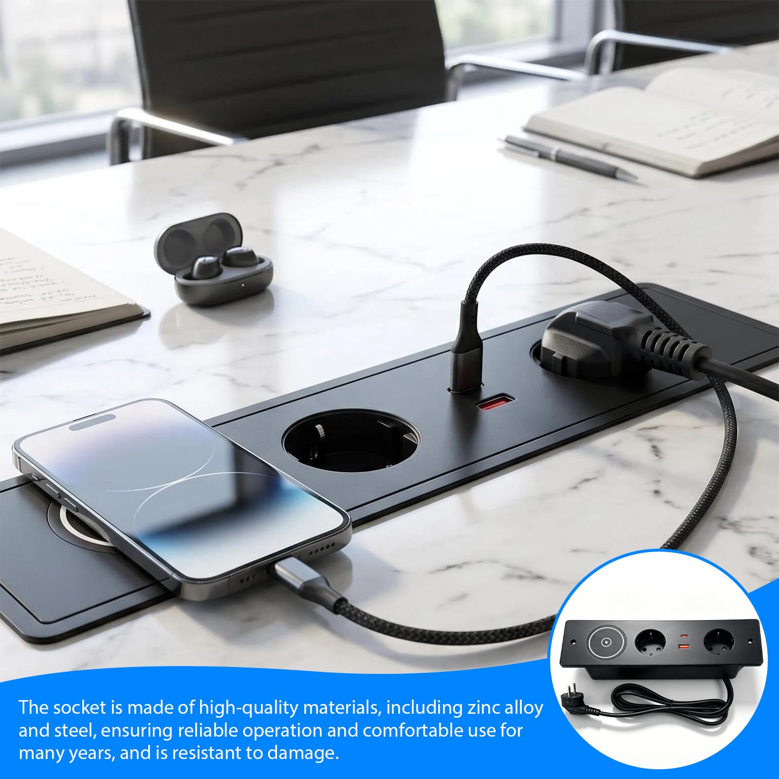 Wysuwane gniazdo wtykowe z 2 gniazdami USB C PD, 20 W i 15 W, bezprzewodowe ładowanie, do zabudowy, do biura, kuchni, kolor czarny, kabel 1,5 m