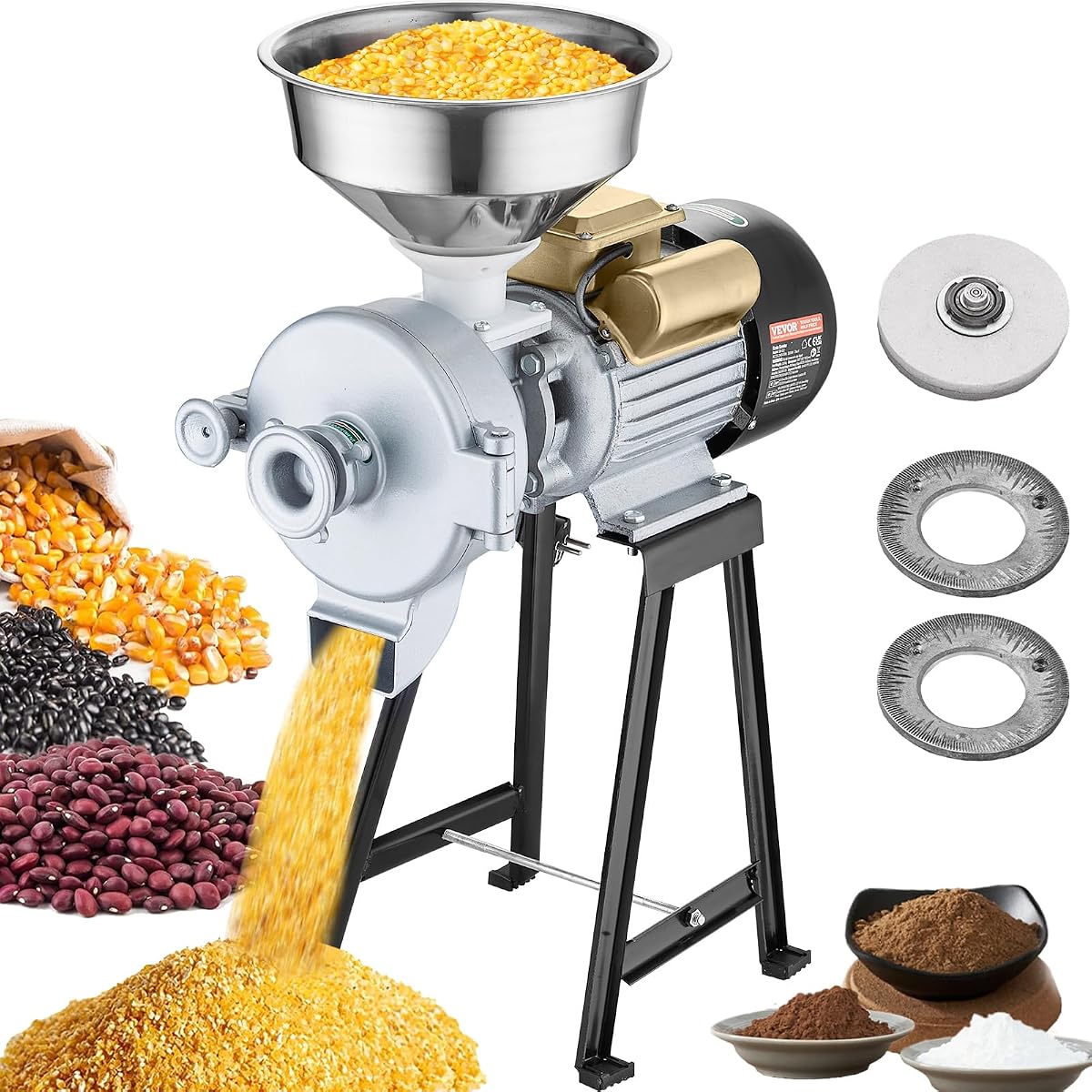 VEVOR Electric Grain Mill Grinder, 3000W Spice Grinders, Commercial Corn Mill with Funnel, Thickness Adjustable Powder Machine, Heavy Duty Feed Flour Cereal Mill Wheat Grinders, Dry & Wet Grinder