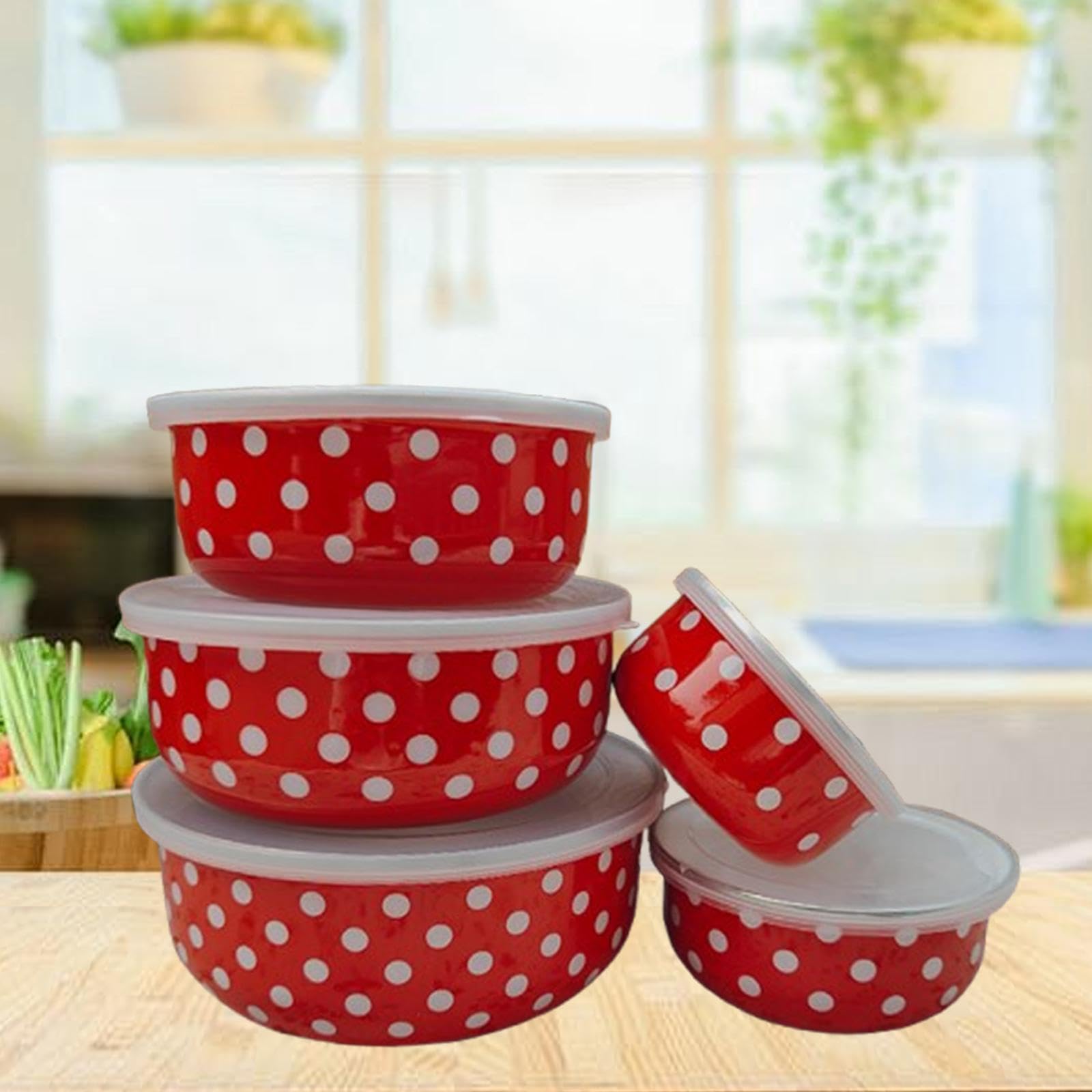 Sharplace 5pcs Email Bedeckte Schalen Lagerbehälter Tabelle Geschirr Mehrzwecknistlager -Set Früchte Salatschalen zum Vorbereiten des Backens, Rot