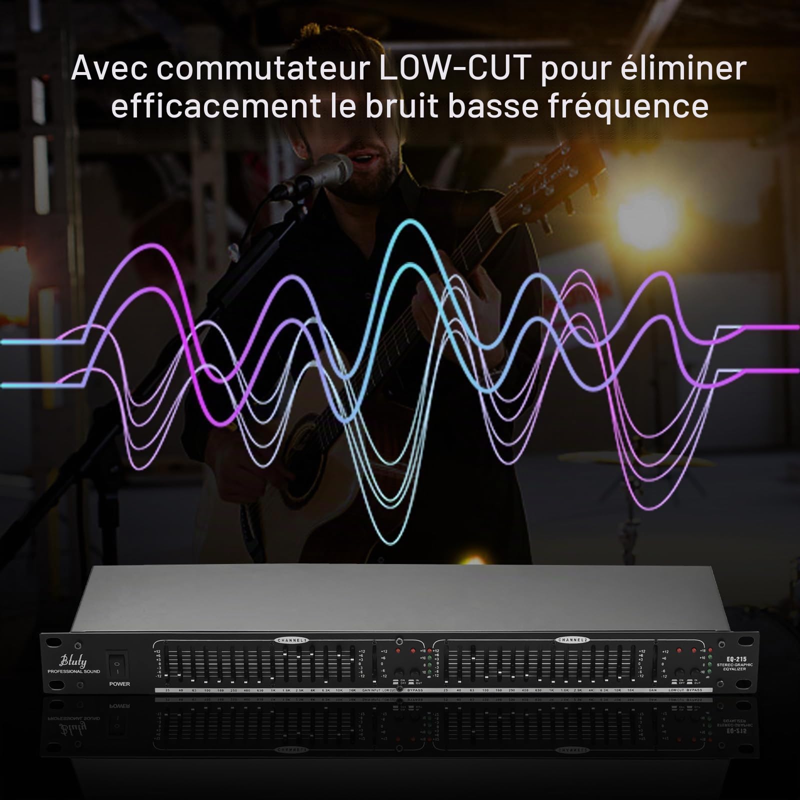 Btuty EQ-215 Égaliseur 15 bandes double canal 1U Égaliseur graphique stéréo 2 canaux à montage en rack