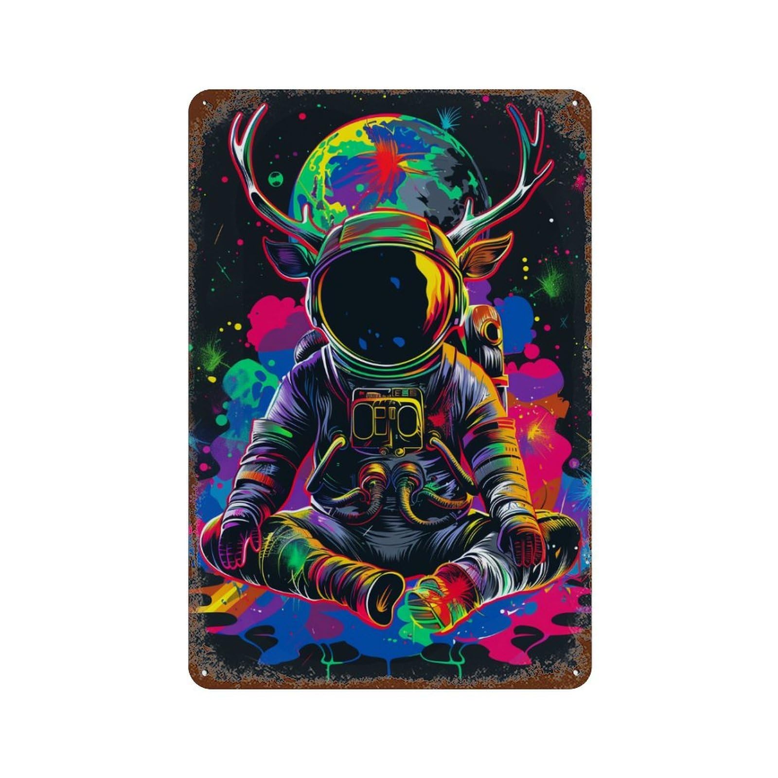Rust Effect Space Deer Astronaut Art Print Aged Metal Wall Plaque 11.8"x7.9", Shabby Chic Decor for Living Room, Hallway And Home Decor