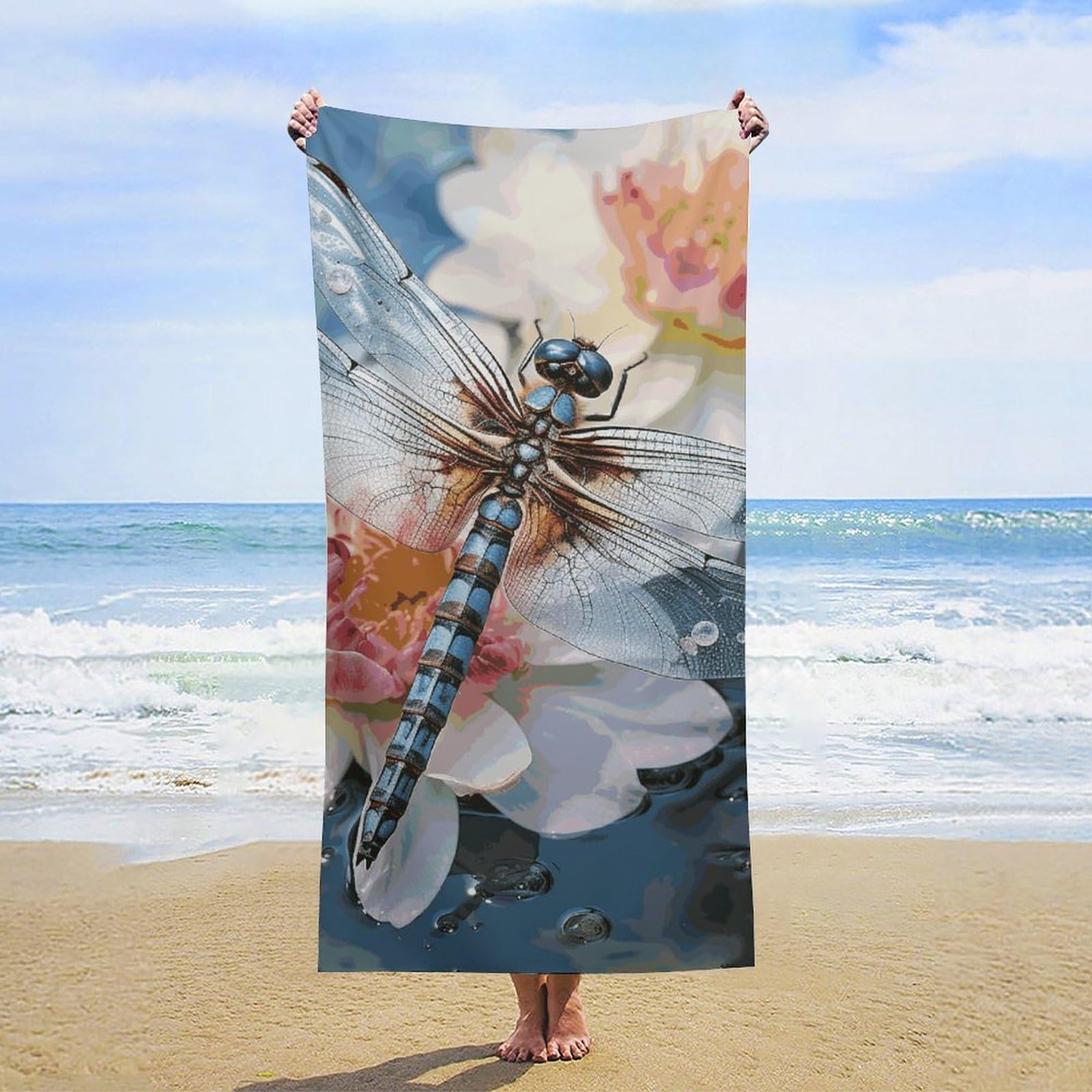 NTVOWPZO Dragonfly Flower Beach Towel Oversized Microfiber Bath Towels Lightweight Sand Proof Beach Towels Absorbent Pool Towels for Swimming Yoga Bathroom Towel 31.5" X 63"