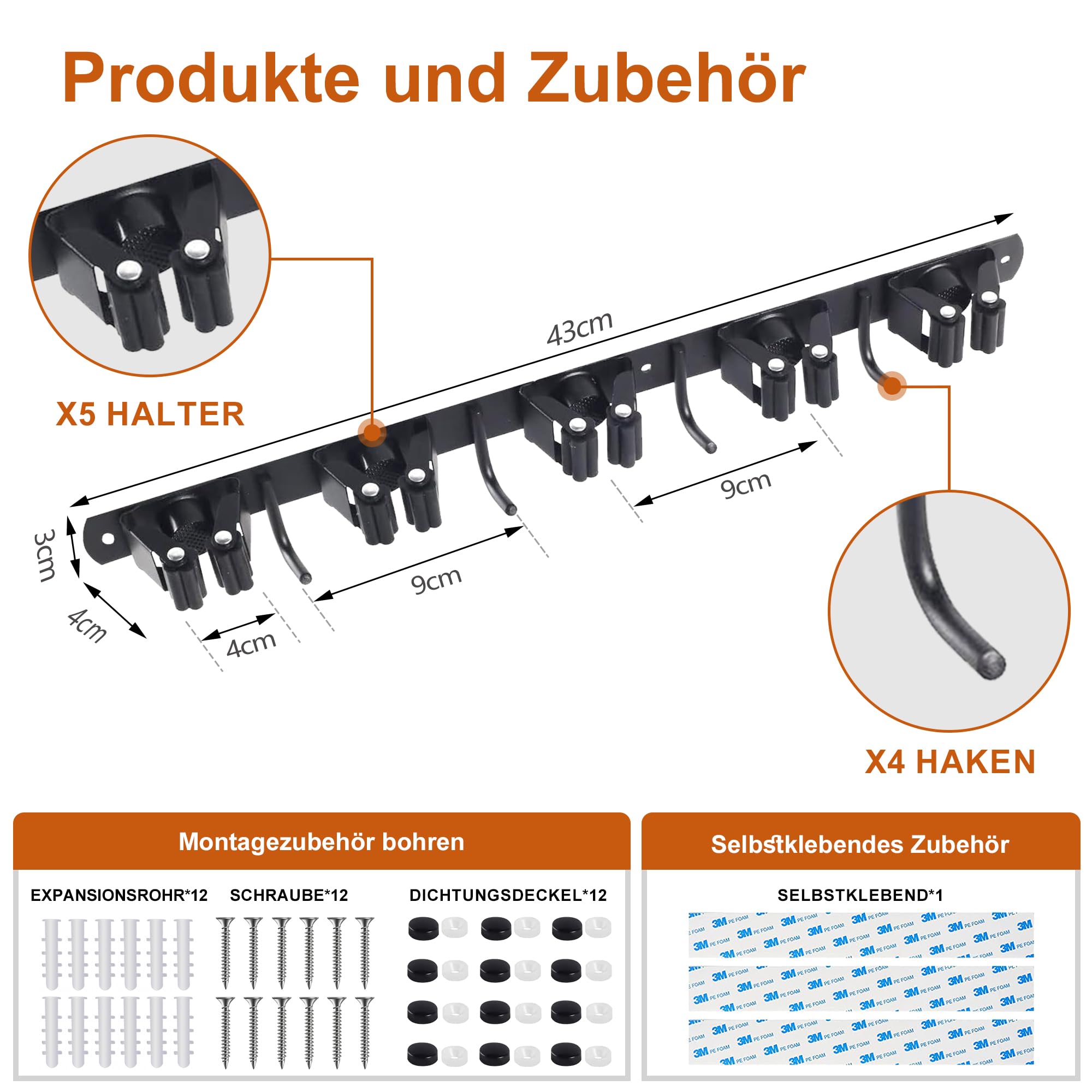 3 Stück Besenhalterung Wand, 15 Halter + 12 Haken Edelstahl Gerätehalter, Selbstklebend Gartengerätehalter and Besenhalter, Schwarz Wandhalterung Aufhänger für Besen