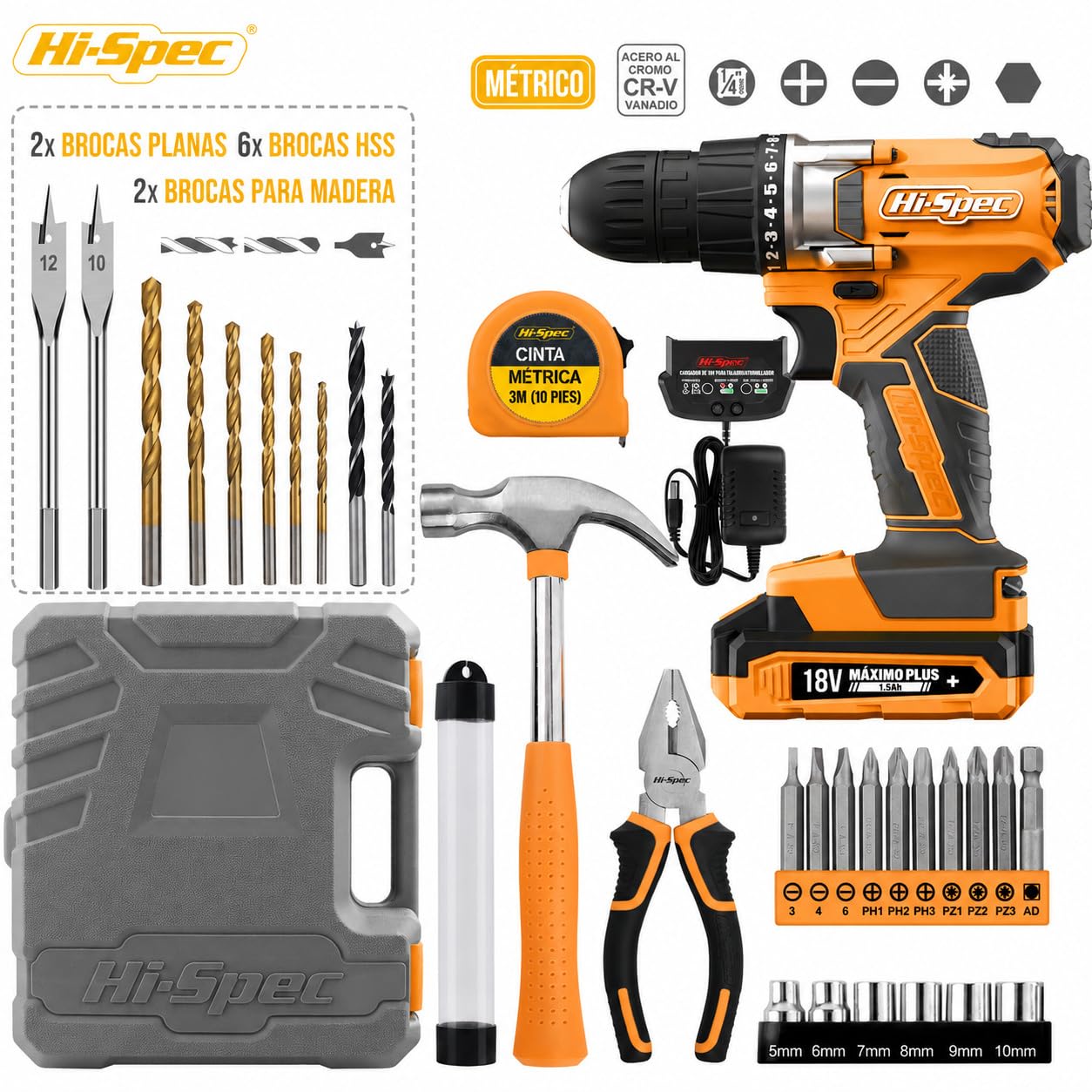 Hi-Spec Kit de Herramientas con Taladro Atornillador 18V, Amarillo | 30 piezas, vasos, destornillador, brocas para madera y metal, alicates y martillo en maletín, uso diario