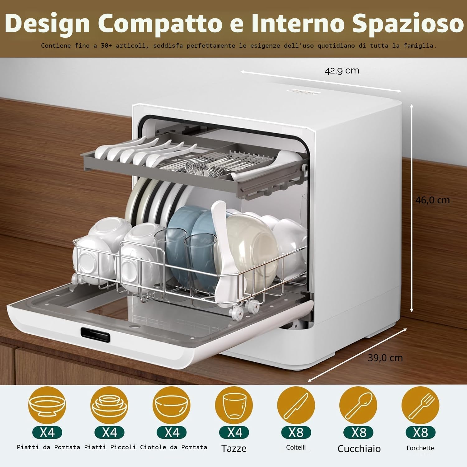 800W Piano di lavoro portatile per lavastoviglie, lavastoviglie da tavolo con 6 programmi e serbatoio dell'acqua da 6L, mini lavastoviglie con copertura semitrasparente e display LED, perfettamente