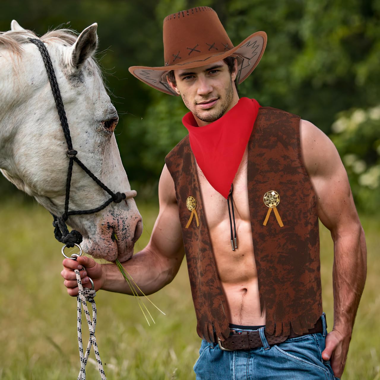 Kostium kowbojski, western, cosplay, kamizelka z frędzlami, kapelusz, chusta, na karnawał, hipisowy, zestaw dla dorosłych