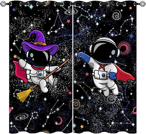 ONINUO Cortinas opacas espaciales para niñas y niños, decoración del hogar, divertido astronauta, estrellas estrelladas, con ojales, aislamiento