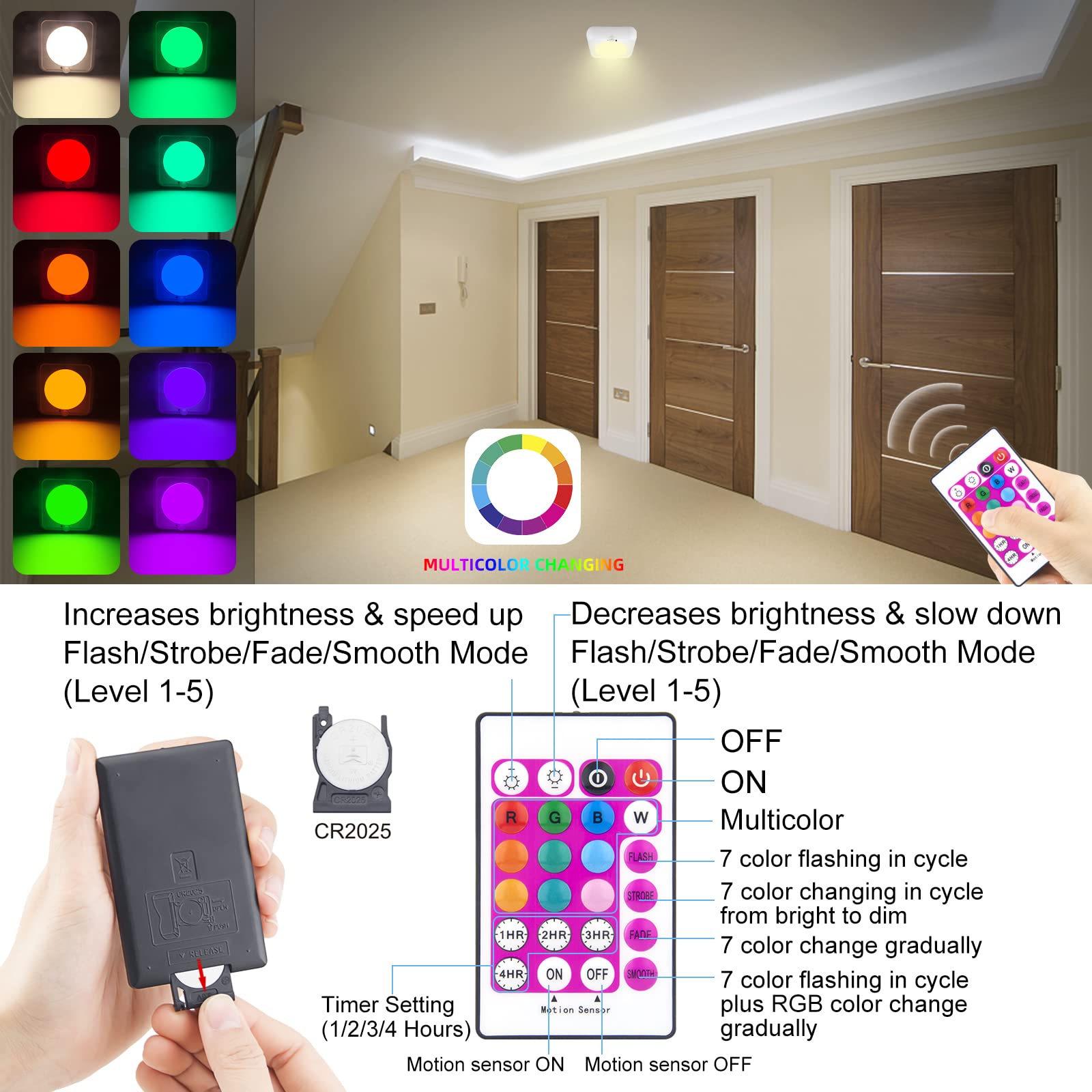 BIGMONAT Lot de 2 lampes à détecteur de mouvement à piles avec télécommande, lumière dimmable, couleur changeante, pour douche, armoire, garde-manger, couloir, chambre à coucher, 2 pièces