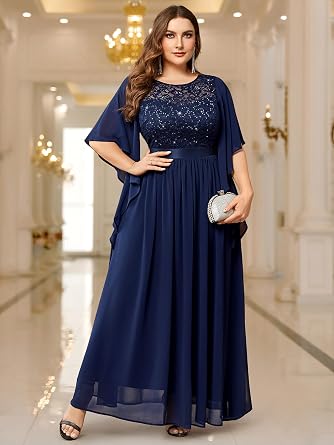 Miusol Women's Plus Size Sequin Lace with Ruffle Cape Cloak Sleeves Elegant Evening Gown Wedding Guest Maxi Dress