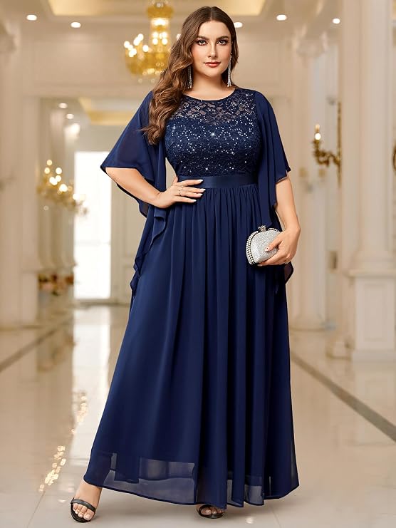 Miusol Women's Plus Size Sequin Lace with Ruffle Cape Cloak Sleeves Elegant Evening Gown Wedding Guest Maxi Dress