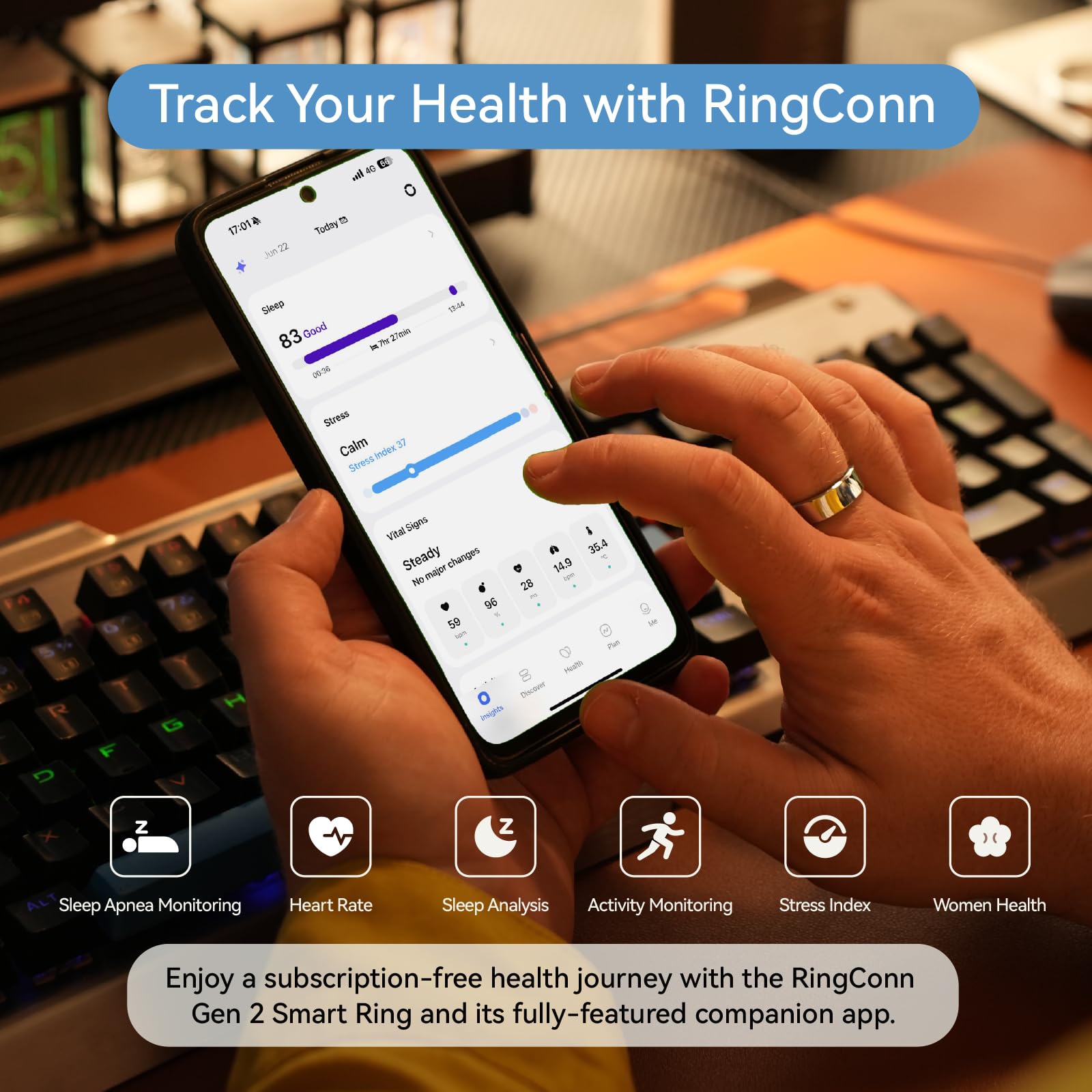 RingConn Gen 2 Air Ultra-Thin Smart Ring(Size 7, Dune Gold) | 10-Day Battery Life, Fitness/Sleep/Stress/HR Tracker for Women&Men, No App Fee for Standard Features,iOS & Android Compatible product image 16