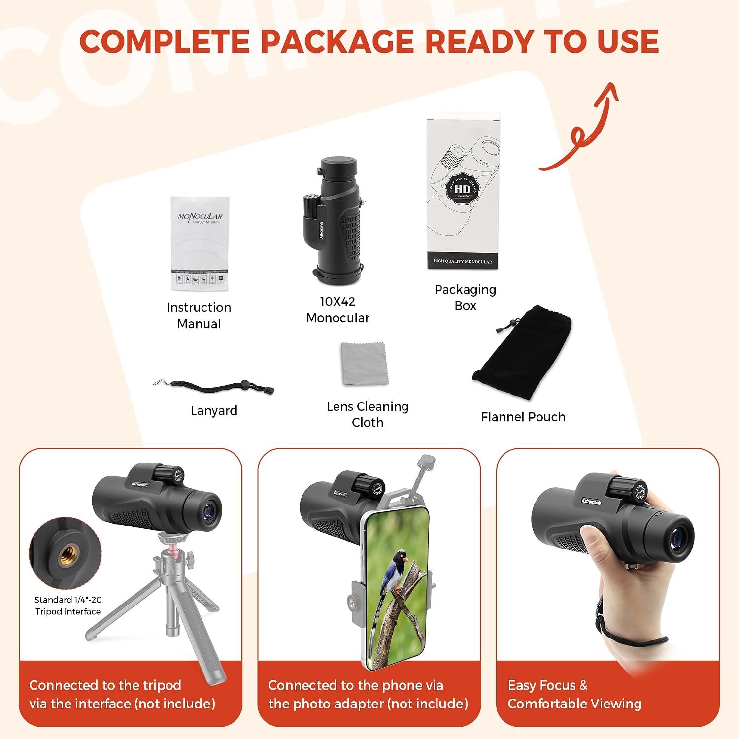 Astromania Monocular Telescope 10x42 HD K9 Prism - High Power & Compact, Waterproof, Fogproof, Shockproof for Birdwatching, Camping, Wildlife - Multi-Coated Optics, Rubber Armor & Non-Slip Grip