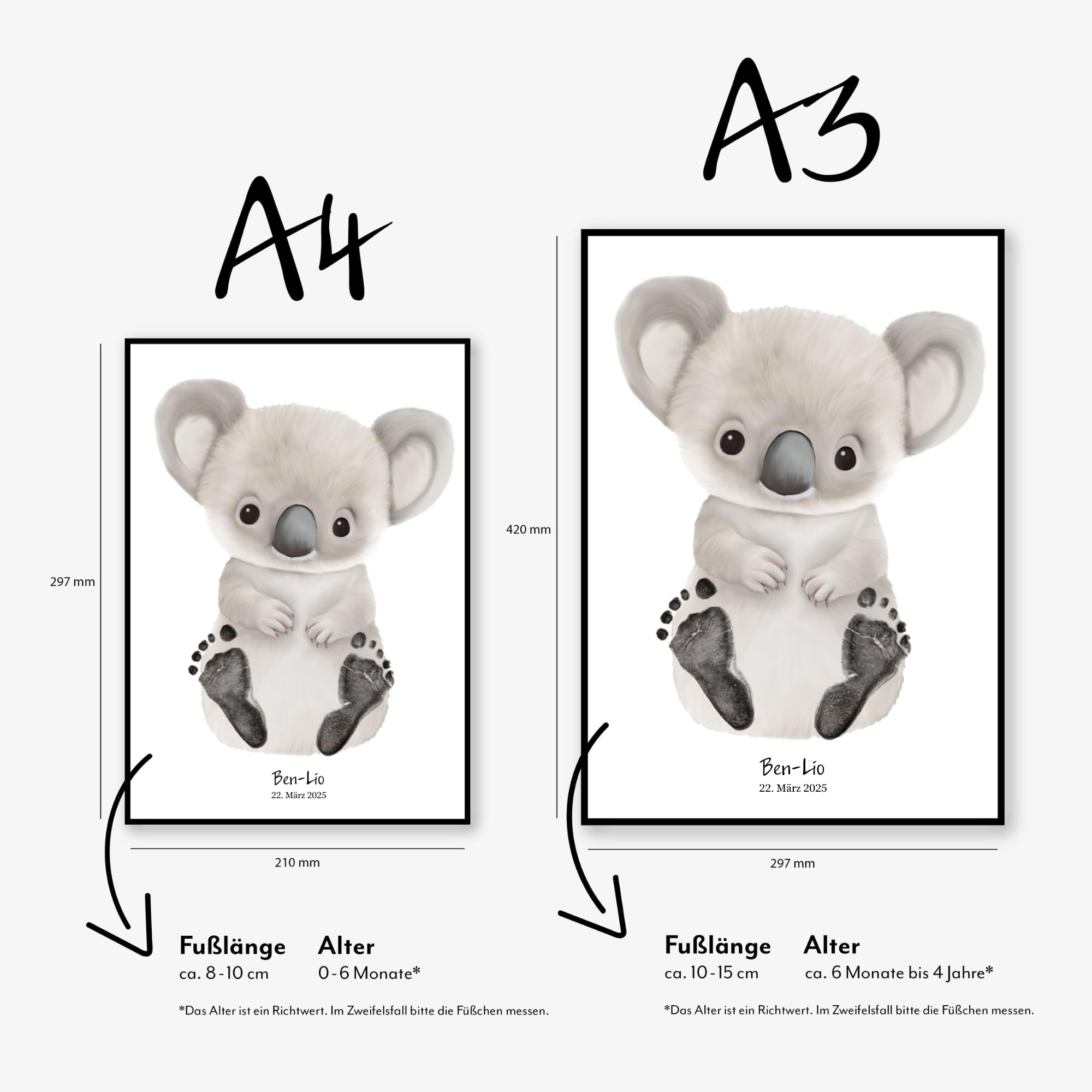 Personalisiertes Baby Fußabdruck Poster im Skandi Boho beige Stil Babyfußabdrücke auf Tier Geschenk Geburt Taufe 1. Geburtstag Junge Mädchen (Koala, DIN A4 - bis ca. 6 Monate)
