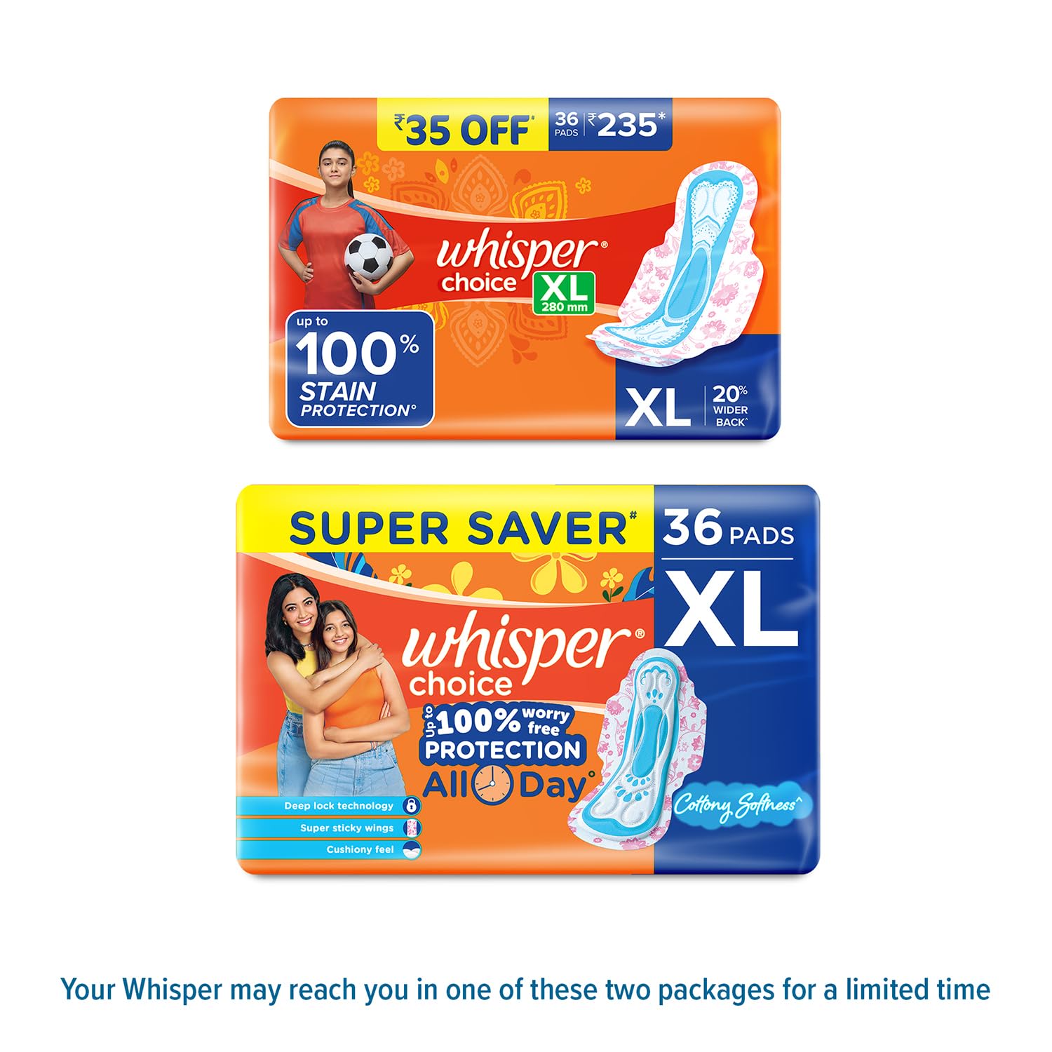 Whisper Choice Sanitary Pads, 36 XL Pads, Upto 100% Stain Protection All Day, Longer Length for Better Coverage, 20% Wider Back, Dry Top Sheet, with Wings