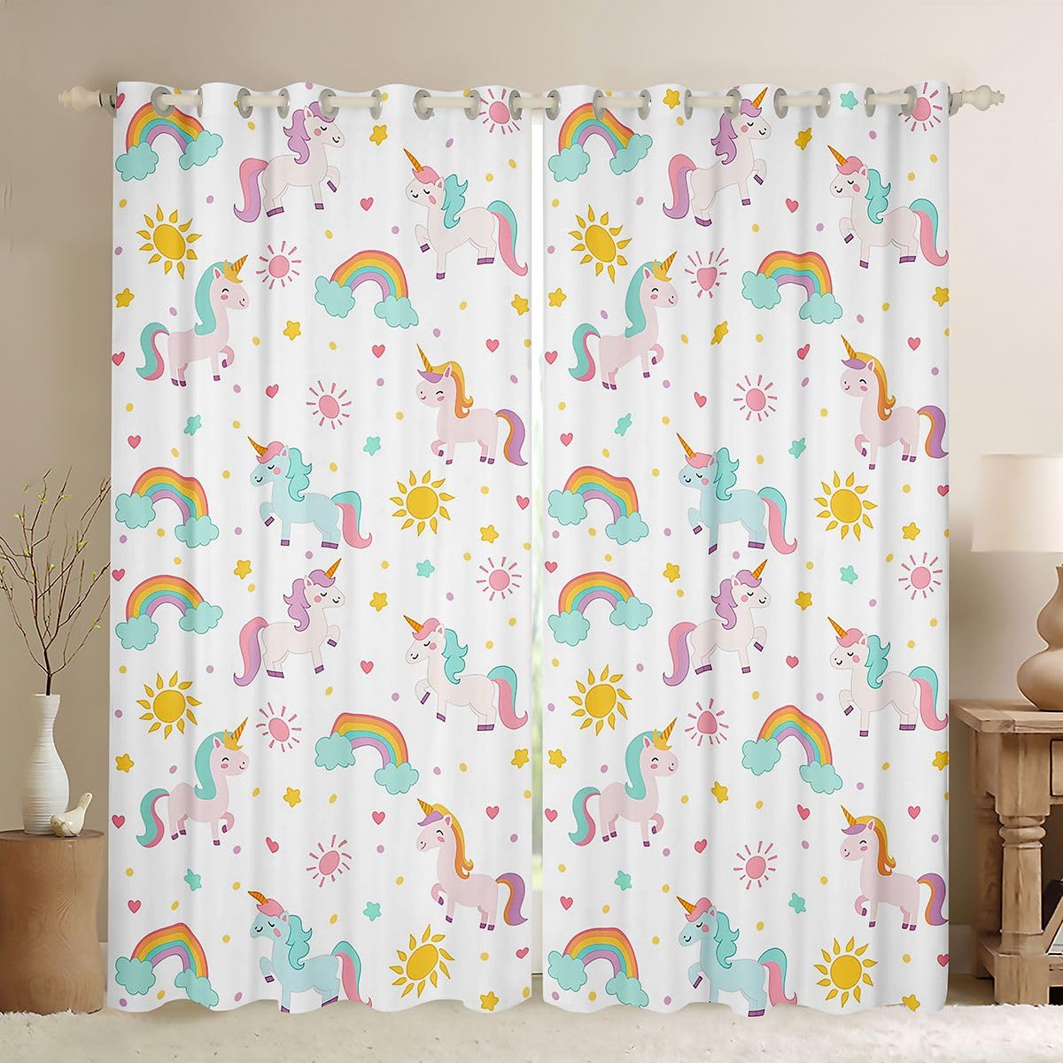 Homewish Urocze kolorowe jednorożce zasłony zaciemniające, 117 x 183 cm, kawaii, jednorożec, zwierzęta, zasłony na przelotkach do salonu, sypialni, chmura, tęcza, 2 panele, fantazyjny jednorożec