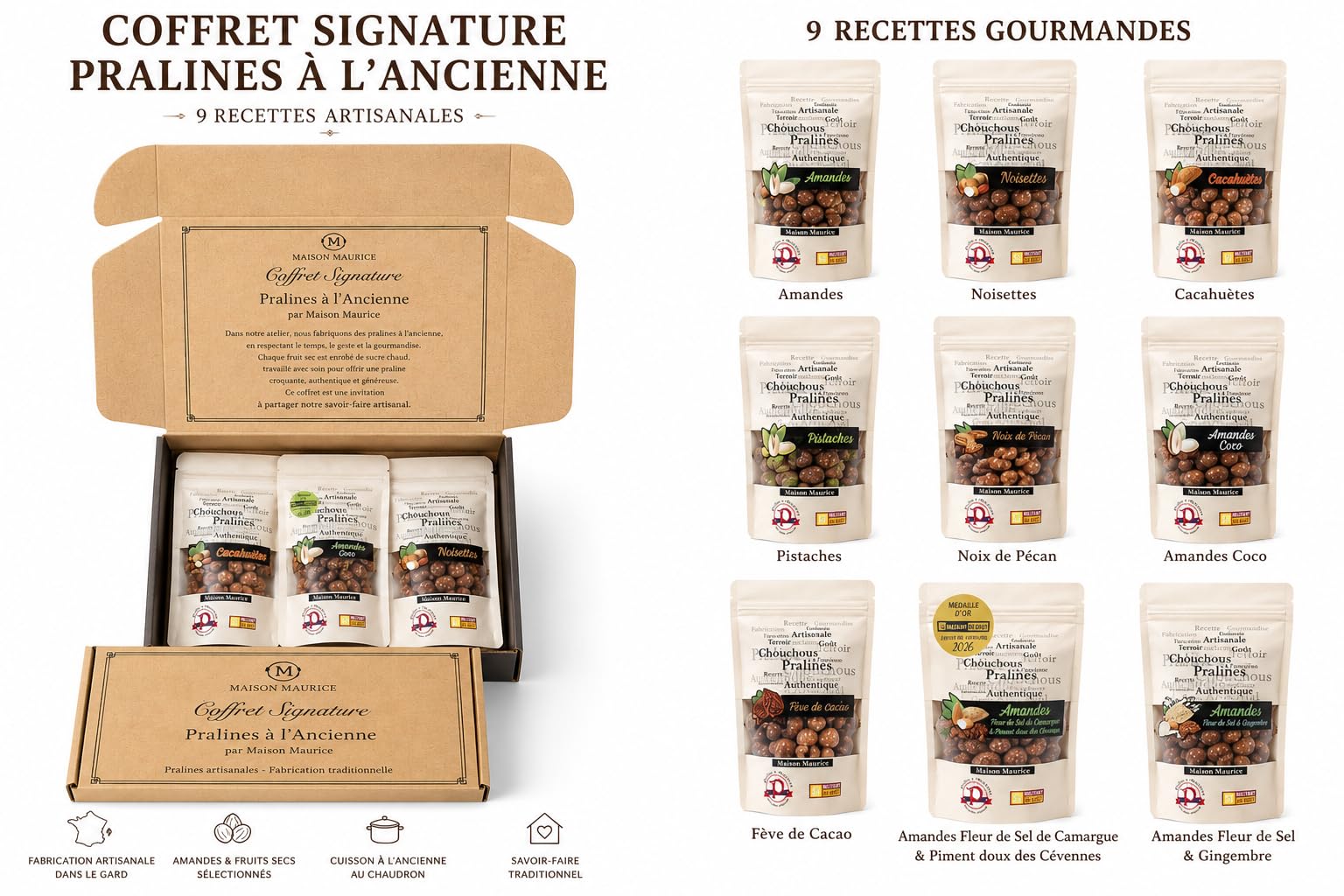 Maison Maurice Coffret Signature de Pralines Artisanales – 9 Recettes Gourmandes – Assortiment Cadeau Premium – Fabriqué en France