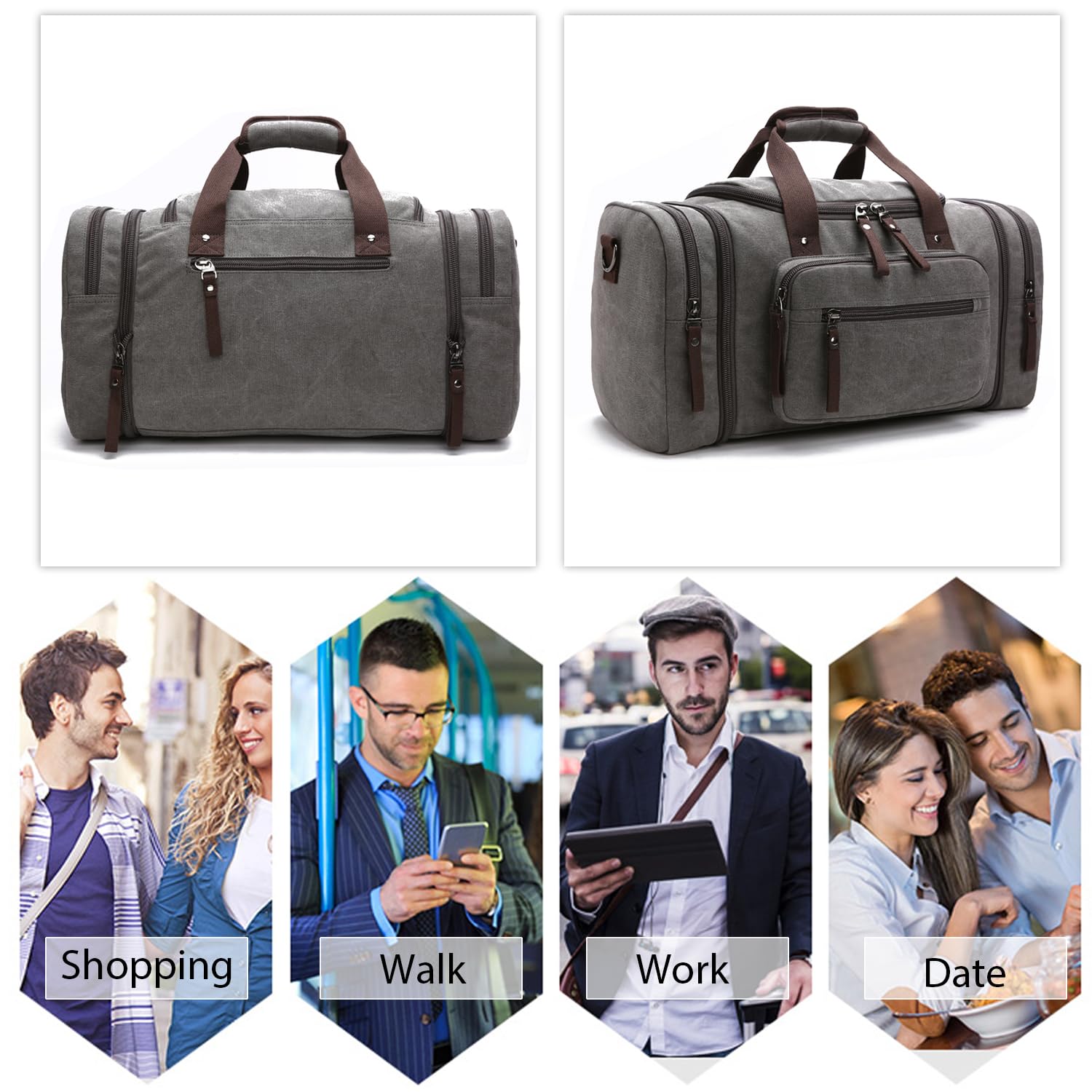 FANDARE Borsa da Sportiva Uomo/Donna Gym Borsa Tote da Viaggio Weekend Overnight Outdoor Camping Borsetta Boston Borsa a Tracolla Traspirante Tela Grigio