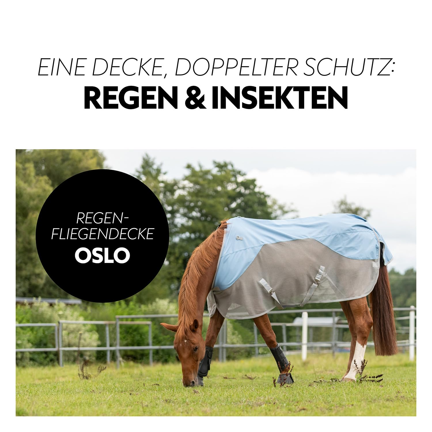 SUNRIDE Manta Lluvia antimoscas 0g Caballo (Oslo) – 1200D – Cuello Desmontable – 100% Impermeable – Columna de Agua 3.000 mm (Azul/Gris, 165 cm)