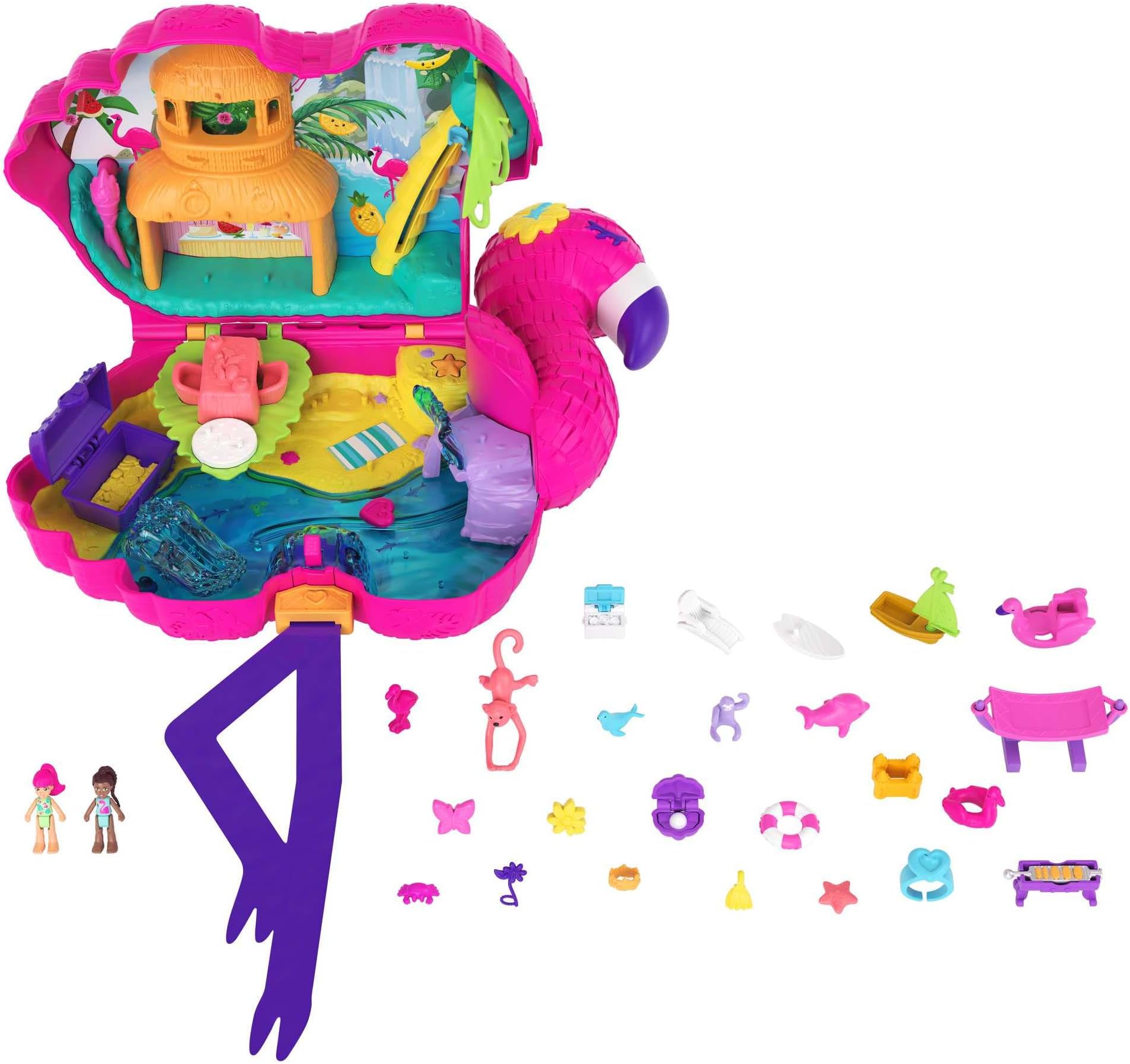 Mini Toys | Large Compact Playset with 2 Micro Dolls and Accessories | Flamingo Party | Travel Toys and Gifts for Kids​​​​