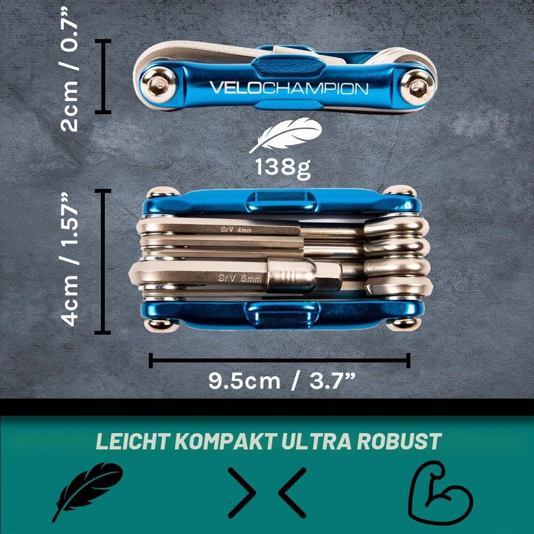 VeloChampion Fahrrad-Multitool 14in1 kompaktes Fahrradreparaturset | Inbus-Schlüssel, Speichenschlüssel, Schraubendreher, Reifenheber, Flaschenöffner | Tragbares Fahrradwerkzeug + Aufbewahrungstasche