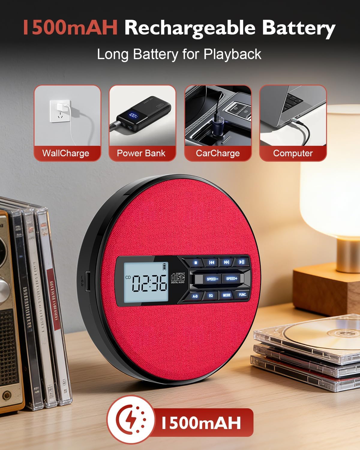 CD Player Portable with Speakers - Rechargeable Personal CD Player for Car and Home, Small Fabric Music Player with Backlit Display, Anti-Skip, AUX/USB Port - Ideal for Audiobooks & Gifts (Red)