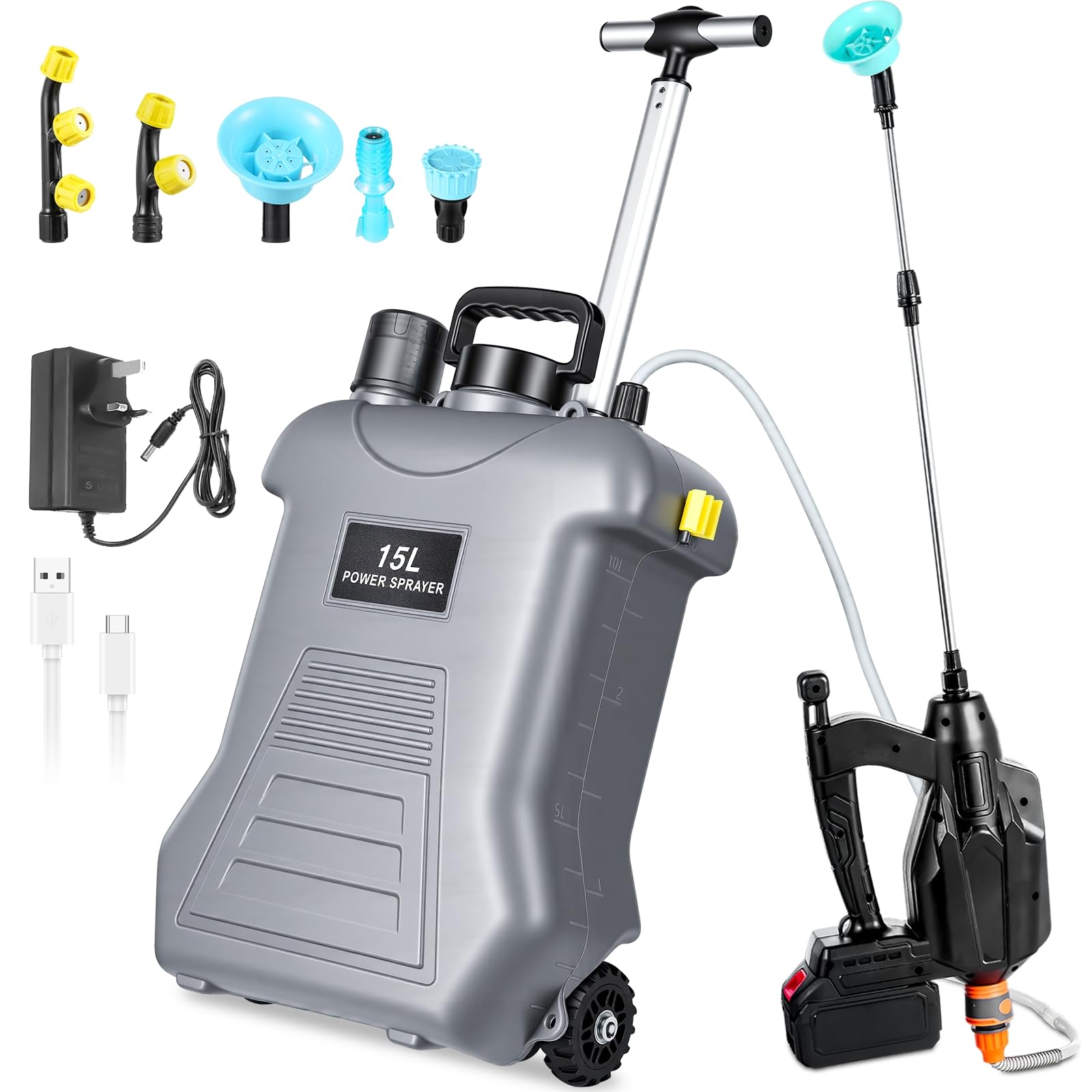 Pulverizador de jardín, pulverizador de presión de batería multiusos de 15 L, pulverizador de mochila, herramienta de pulverización de agua grande con lanza, 5 boquillas, para limpieza del