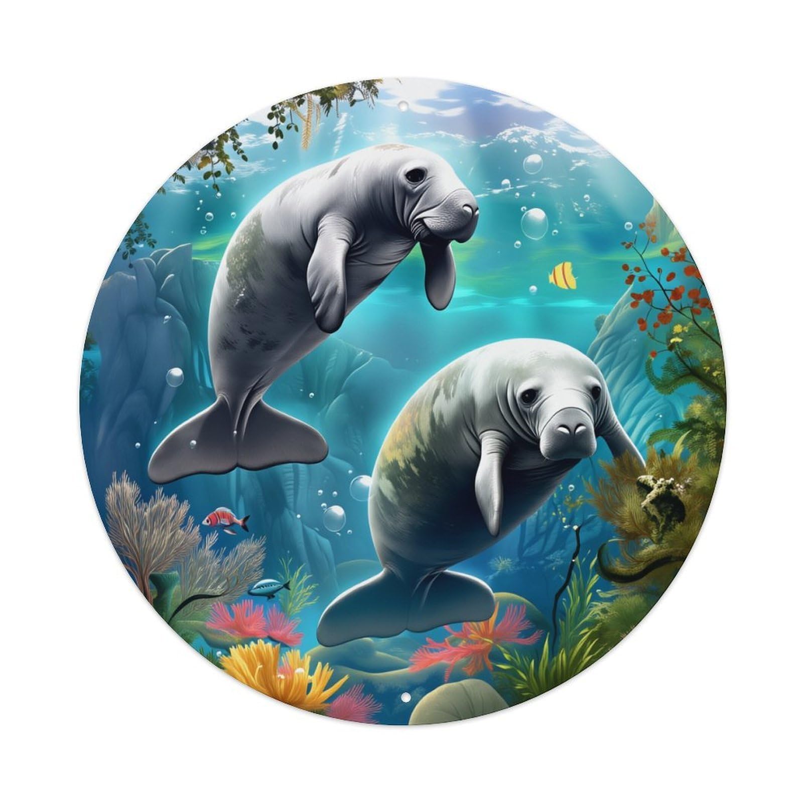 Underwater Manatee Coral Reef Scene Round Tin Sign Vintage Metal Sign Home Bar Garden Indoor & Outdoor Wall Decor Retro Metal Poster 8x8 Inch
