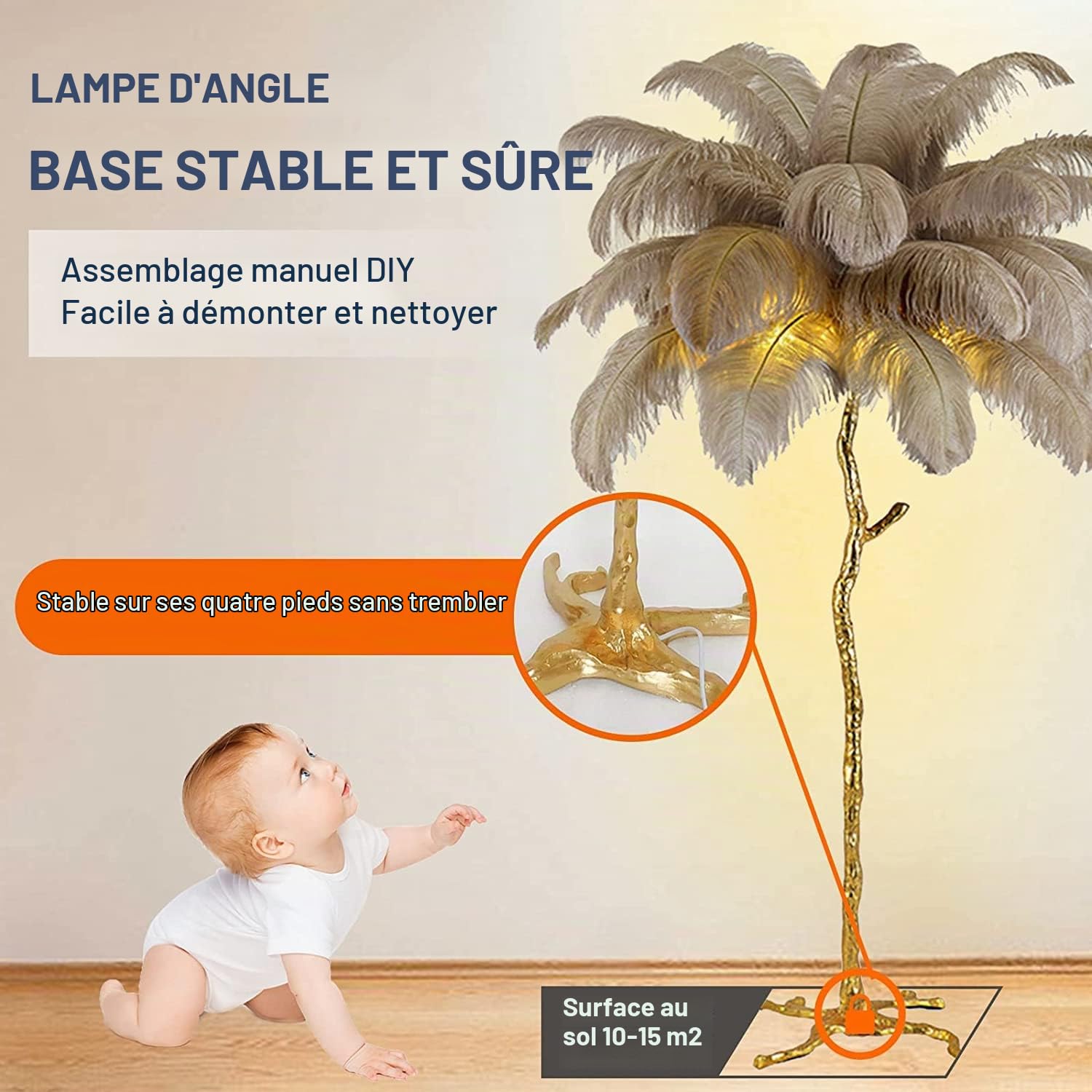 Lampadaire sur Pied Salon, Lampadaire LED Plume d'autruche Naturelle avec une Ampoule LED, Chambre Moderne Luxe Lampe sur Pied pour Villa Bureau Hôtel Salon Chambre (Brun, 120cm)